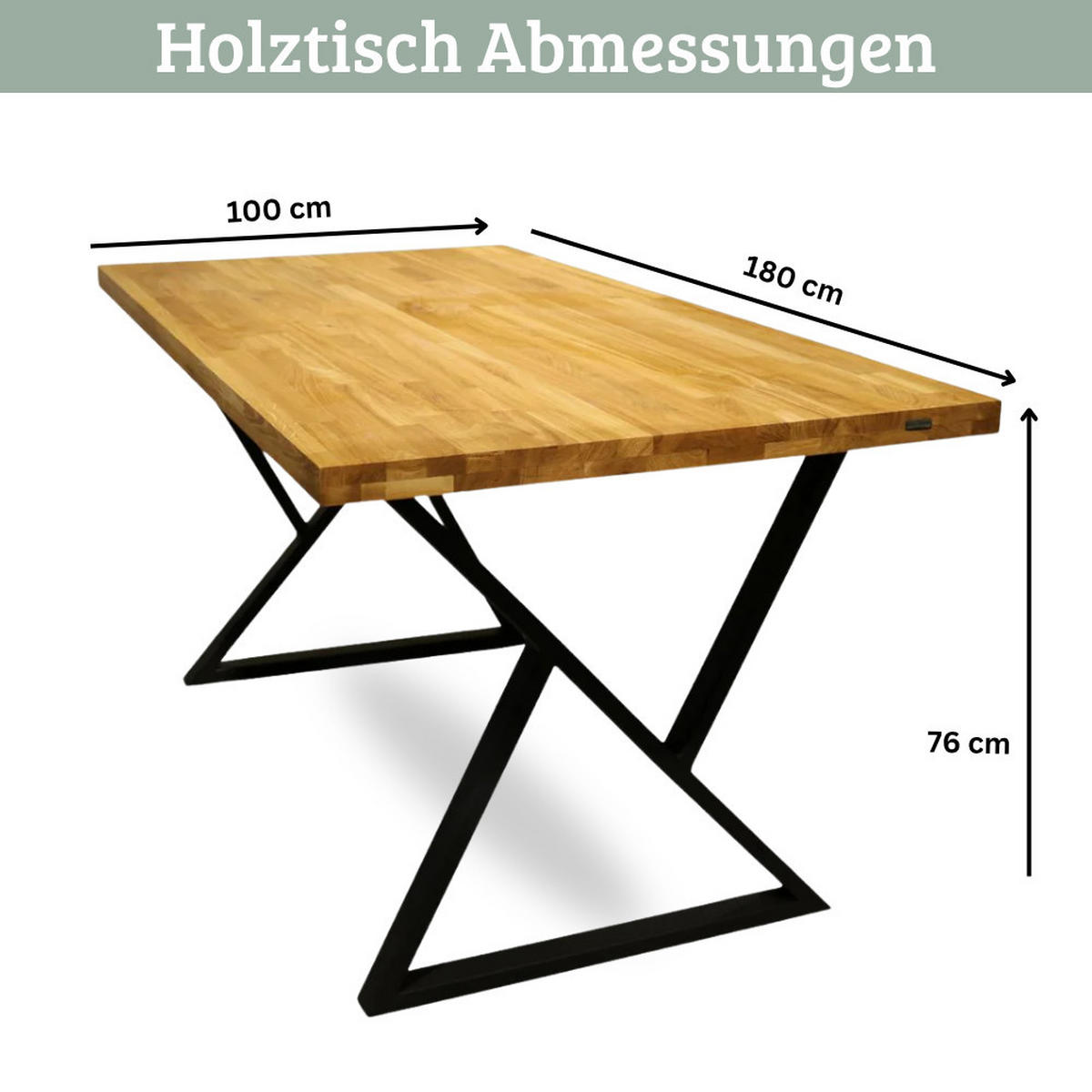 ESSTISCH Massivholz MEDO 180x100 cm Eichenholz Doppel-Dreieck Gestell - Braun, Holz/Metall (100/180/76cm) - DELUKE