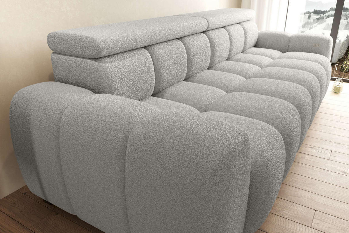 BIGSOFA ALESSIO Bouclé-Stoff Grau mit elektrischer Sitztiefenverstellung - Grau, Kunststoff/Textil (248/77/108cm) - 99rooms