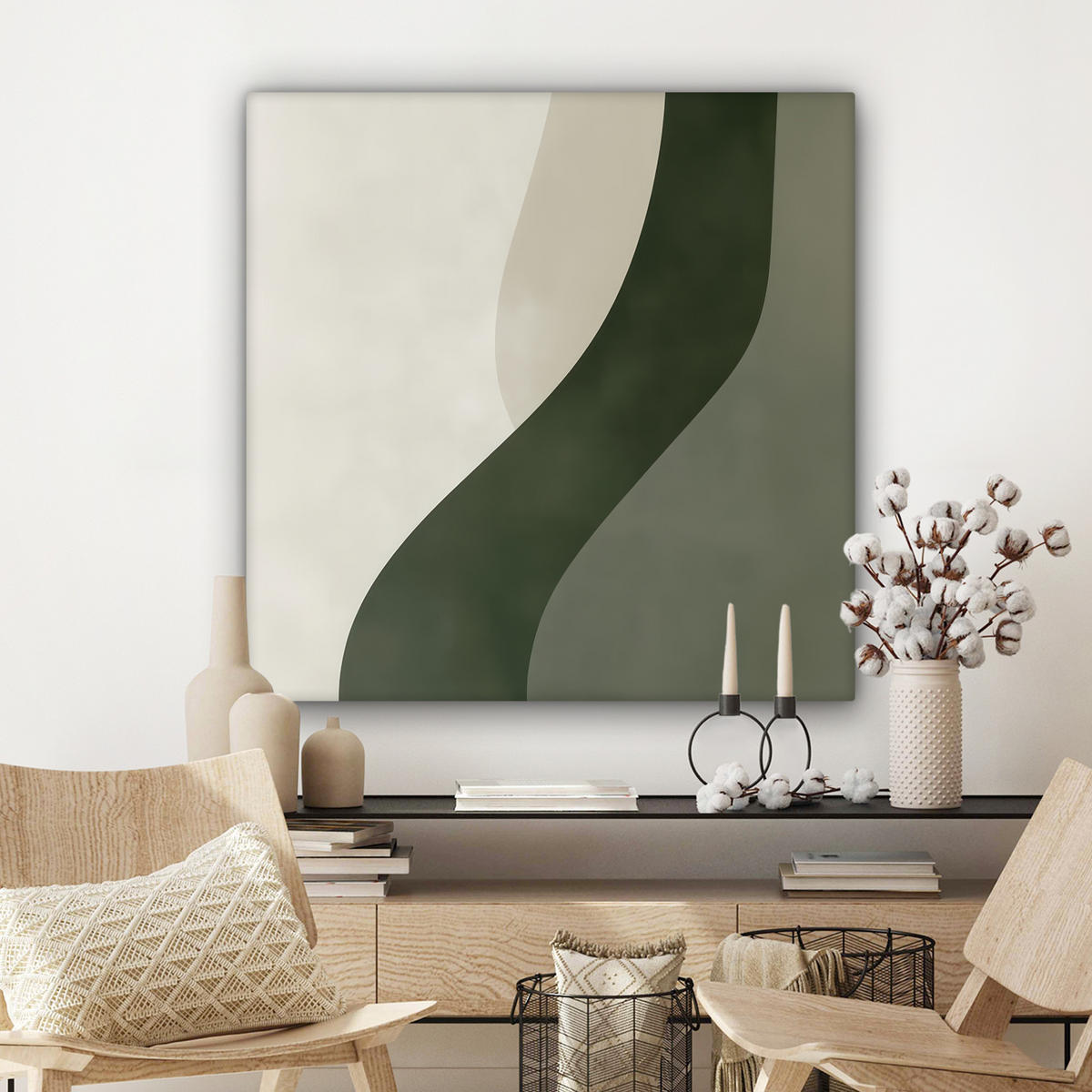 LEINWANDBILD Japandi - Grün - Abstrakt - Modern Deko Groß 90x90 cm - Olivgrün, Textil (90/90cm) - MuchoWow