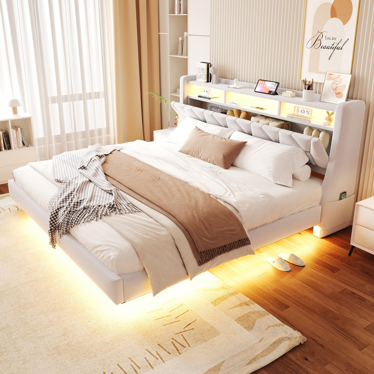 POLSTERBETT 180/200 cm DE-01666, in Beige, mit Klappkopfteil, Steckdose und LED-Beleuchtung - Beige, Holzwerkstoff (180/200cm) - ComfortXL