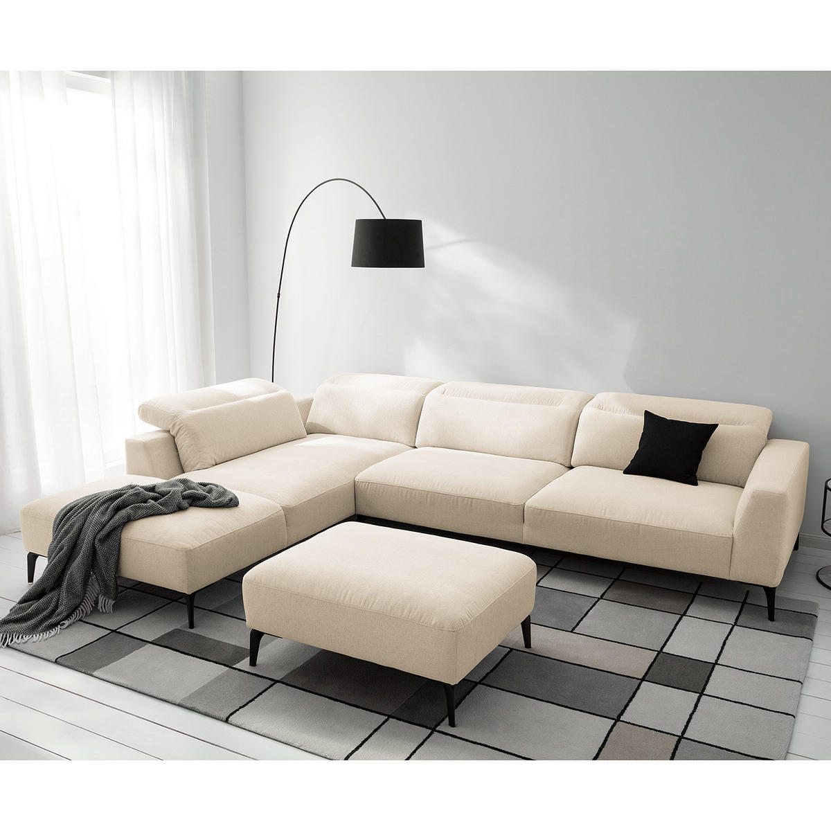 ECKSOFA mit Ottomane - Beige/Schwarz, Textil/Metall (325/238cm) - home24
