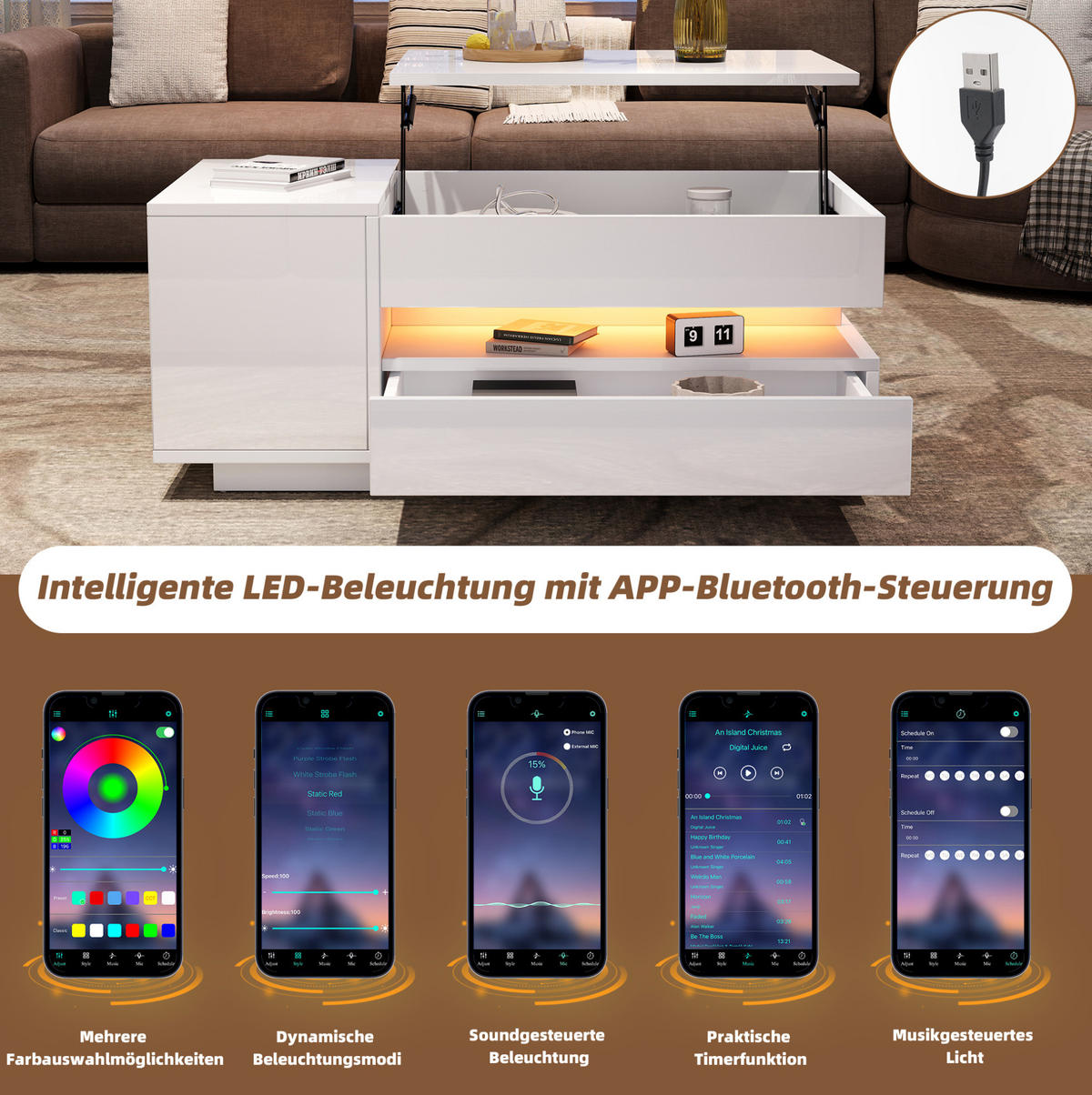 COUCHTISCH 95/50/34,5 cm mit Hebefunktion, LED-Beleuchtung, Schublade und Schrank aus Spanplatte, Weiß - Weiß, Holzwerkstoff (90/50/34.5cm) - Redom