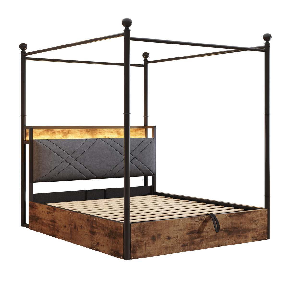 METALLBETT aus Metall 140x190 cm Schwarz mit LED, USB-/Type-C-Anschluss und hydraulischem Bettkasten - Schwarz, Metall (140/190cm) - Modfu