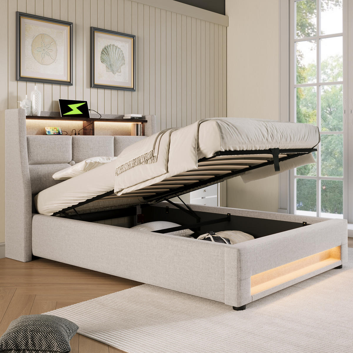 POLSTERBETT 90/200 cm Beige mit USB- und LED-Beleuchtung und Lattenrost - Beige, Textil (90/200cm) - OKWISH