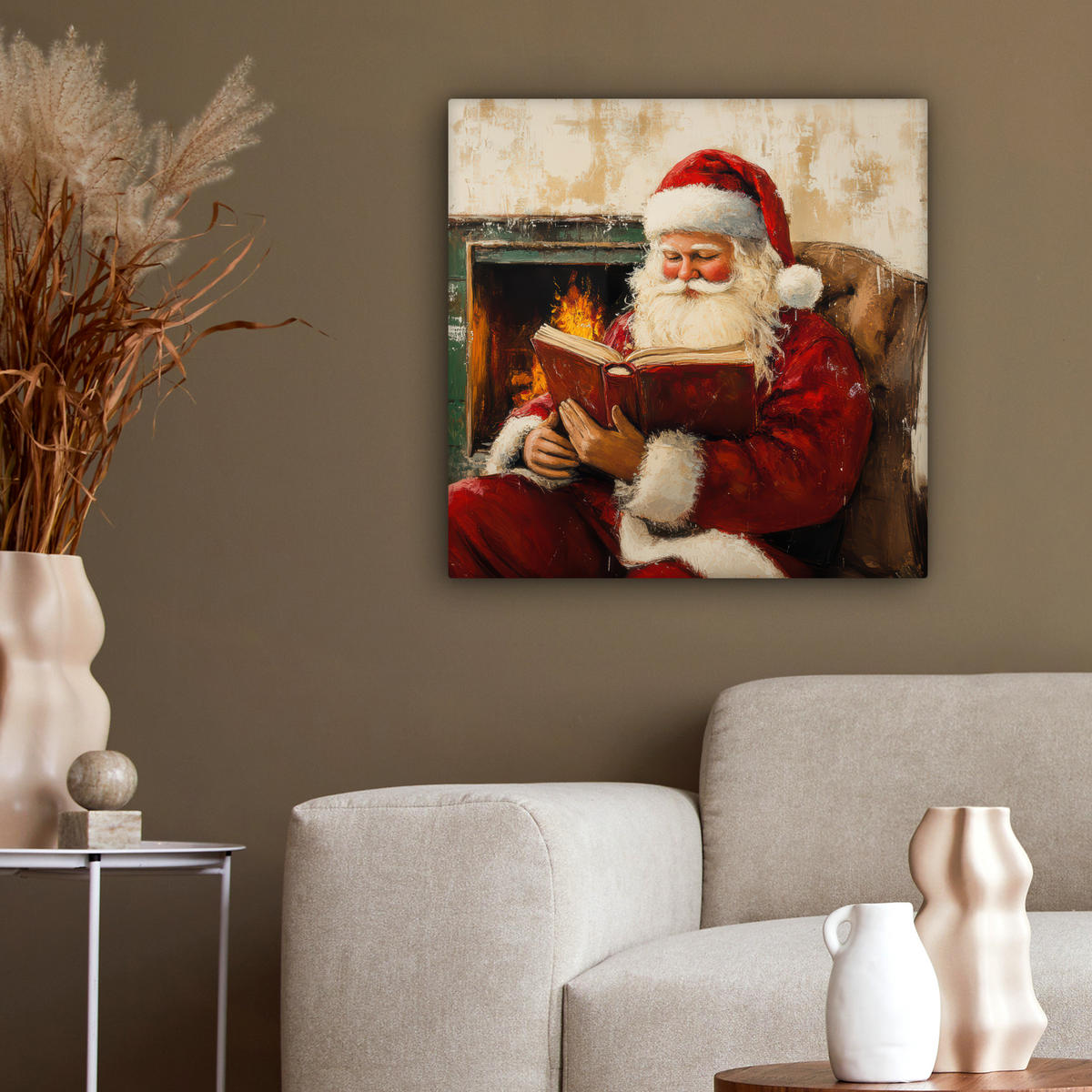 LEINWANDBILD Weihnachten - Weihnachtsmann - Winter - Open Fireside 50x50 cm - Dunkelrot, Textil (50/50cm) - MuchoWow