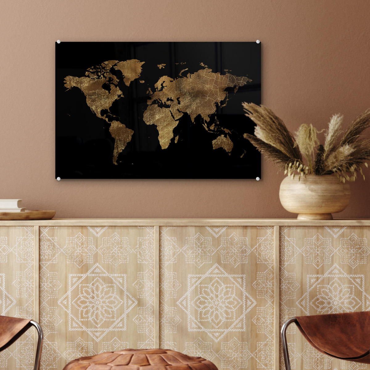 ACRYLGLASBILD Weltkarte - Gold - Luxus - Erde - Schwarz 60x40 cm - Goldfarben, Glas (60/40cm) - MuchoWow