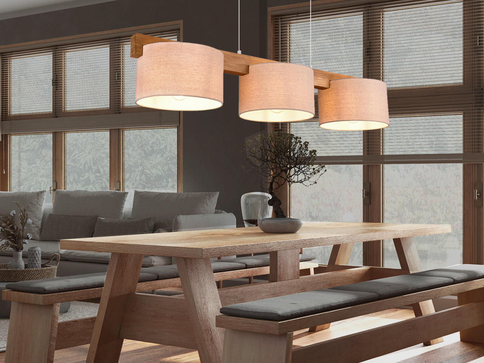 PENDELLEUCHTE Holz Breite 100cm, Lampenschirme Samt Beige - Beige/Naturfarben, Holz/Textil (25/100/150cm) - meineWunschleuchte