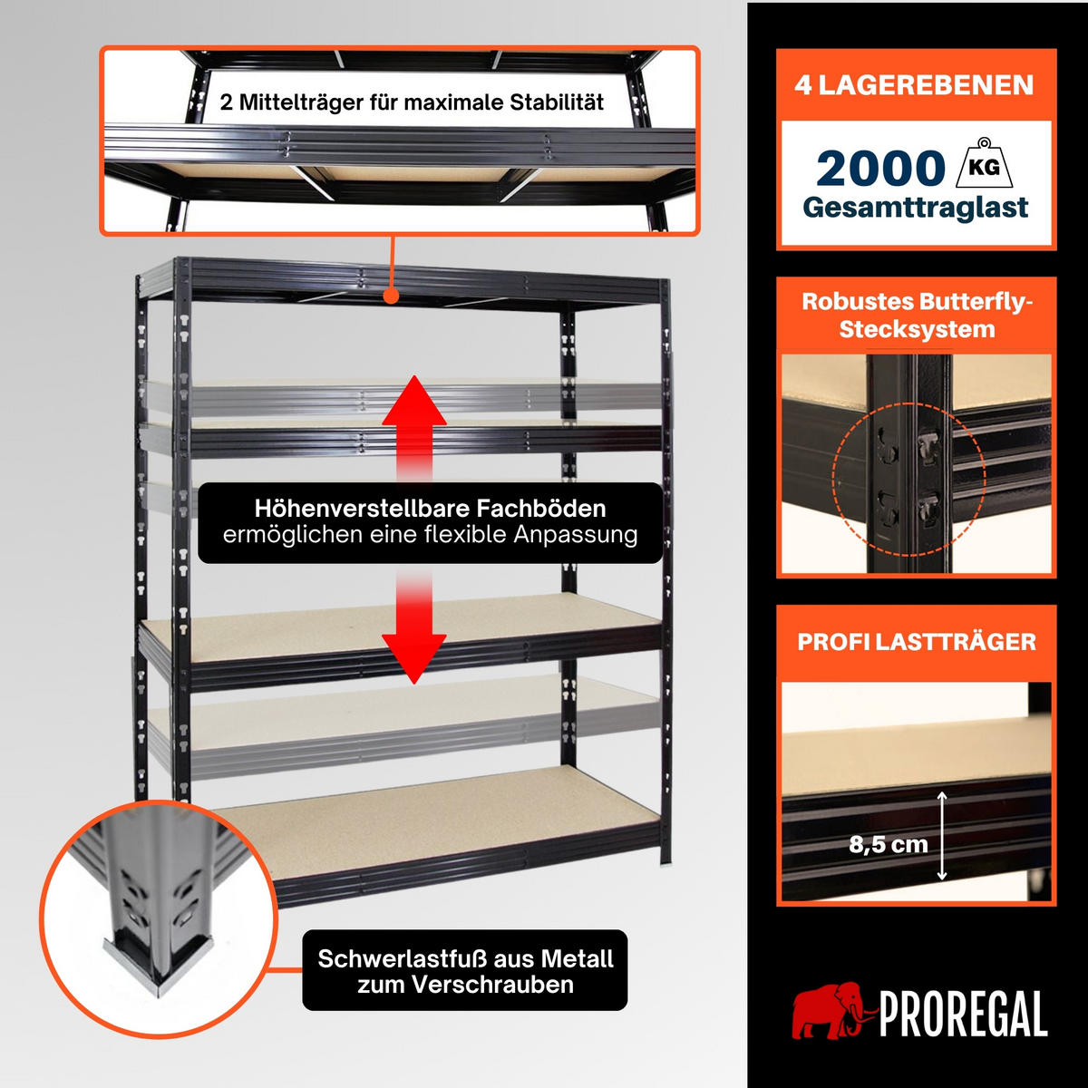 SCHWERLASTREGAL Rhino 180x160x60 cm 4 Spanplatten-Ebenen 16mm Fachlast 500 kg Schwarz - Schwarz, Metall (160/180/60cm) - PROREGAL
