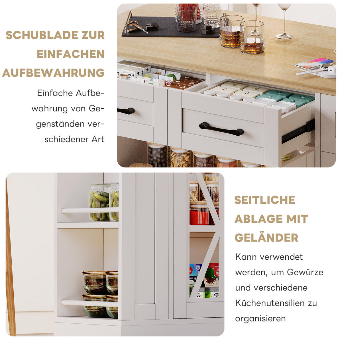 KÜCHENINSEL mit Klapptisch 120 cm Weiß/Natur - Weiß, Holz (65/92/120cm) - Beauniv
