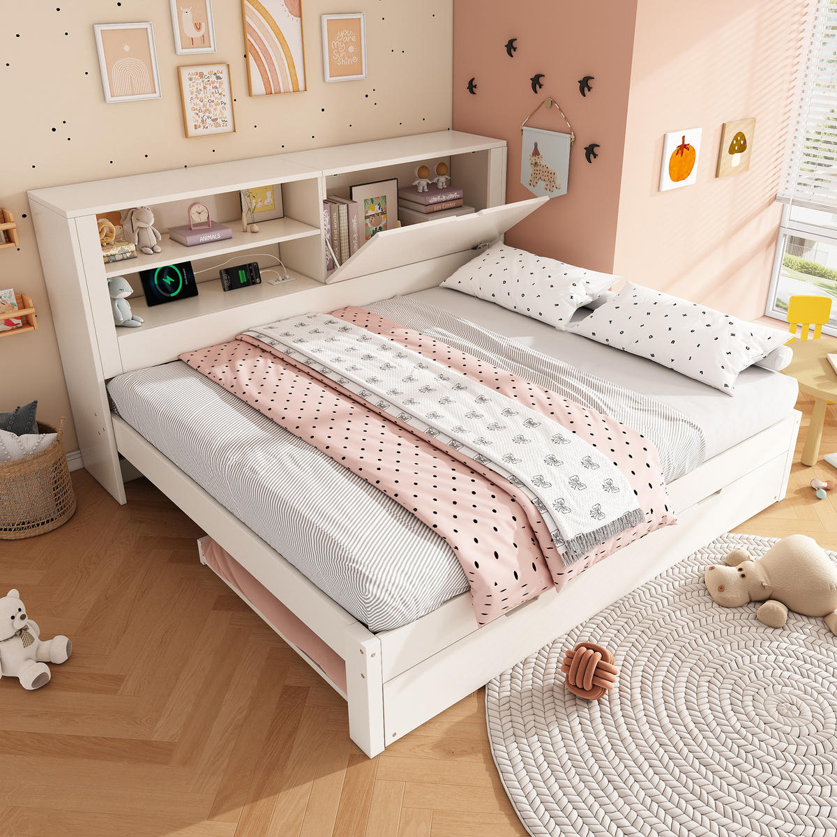 POLSTERBETT 140/190 cm mit Ausziehbett 90/190 cm, USB-Ladestation und Stauraum-Rückwand, Weiß - Weiß, Textil (140/190cm) - Redom