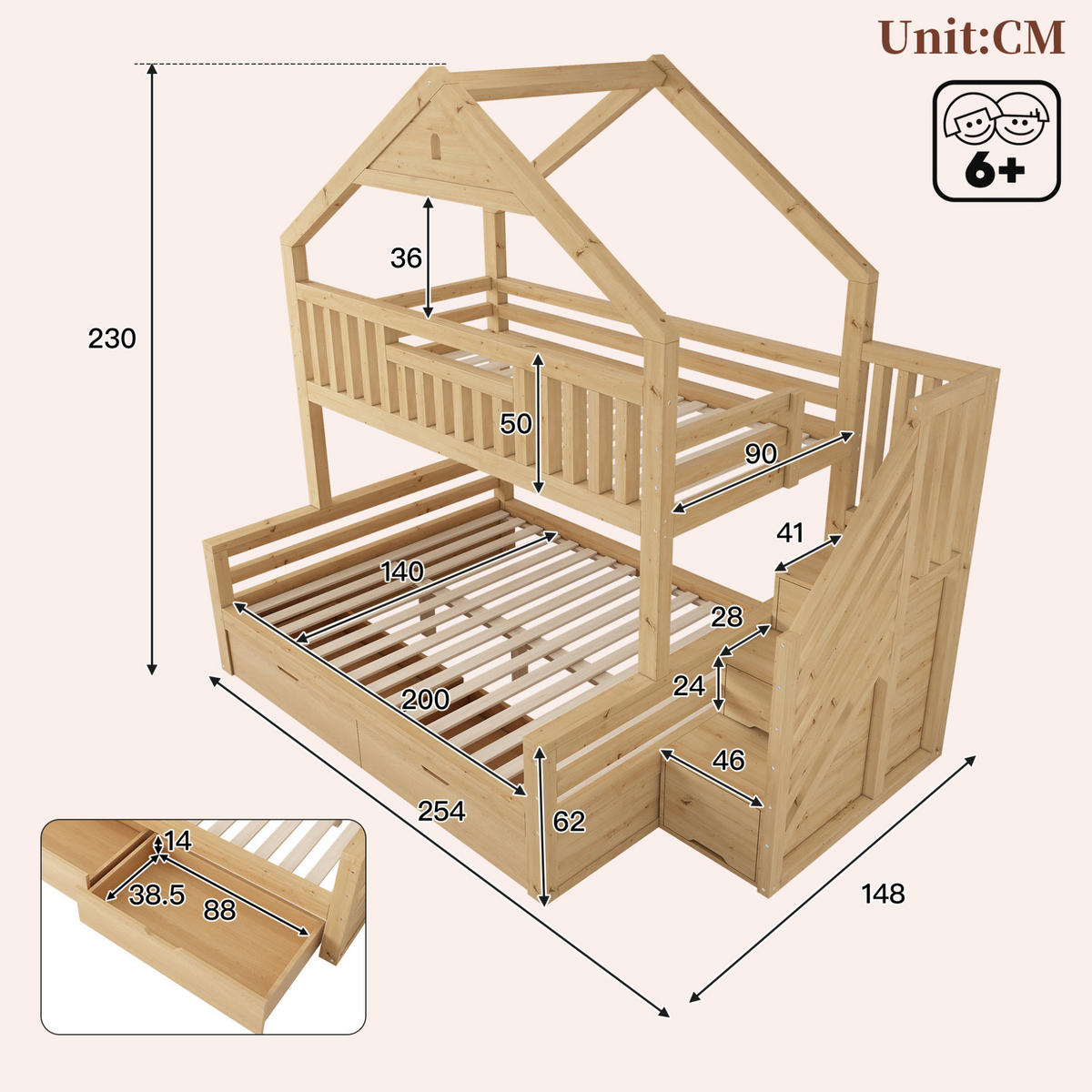 KINDER-ETAGENBETT 90x200 & 140x200 cm in Eichefarben mit Treppenschrank und Schubladen - Eichefarben, Holz (140/200cm) - IVMEU