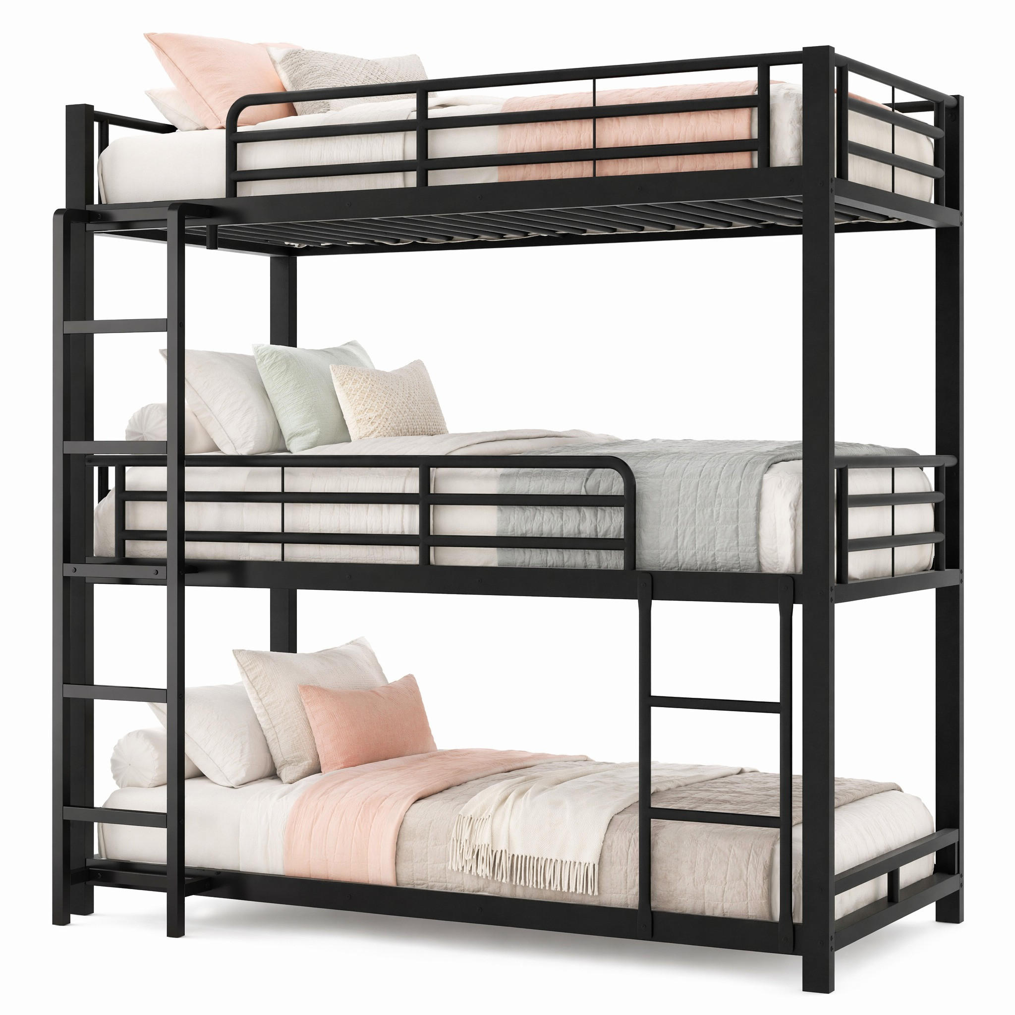 ETAGENBETT 90/200 cm in Schwarz Dreifach-Etagenbett aus Metall mit Leiter und Sicherheitsgeländern - Schwarz, Metall (90/200cm) - STILVORA