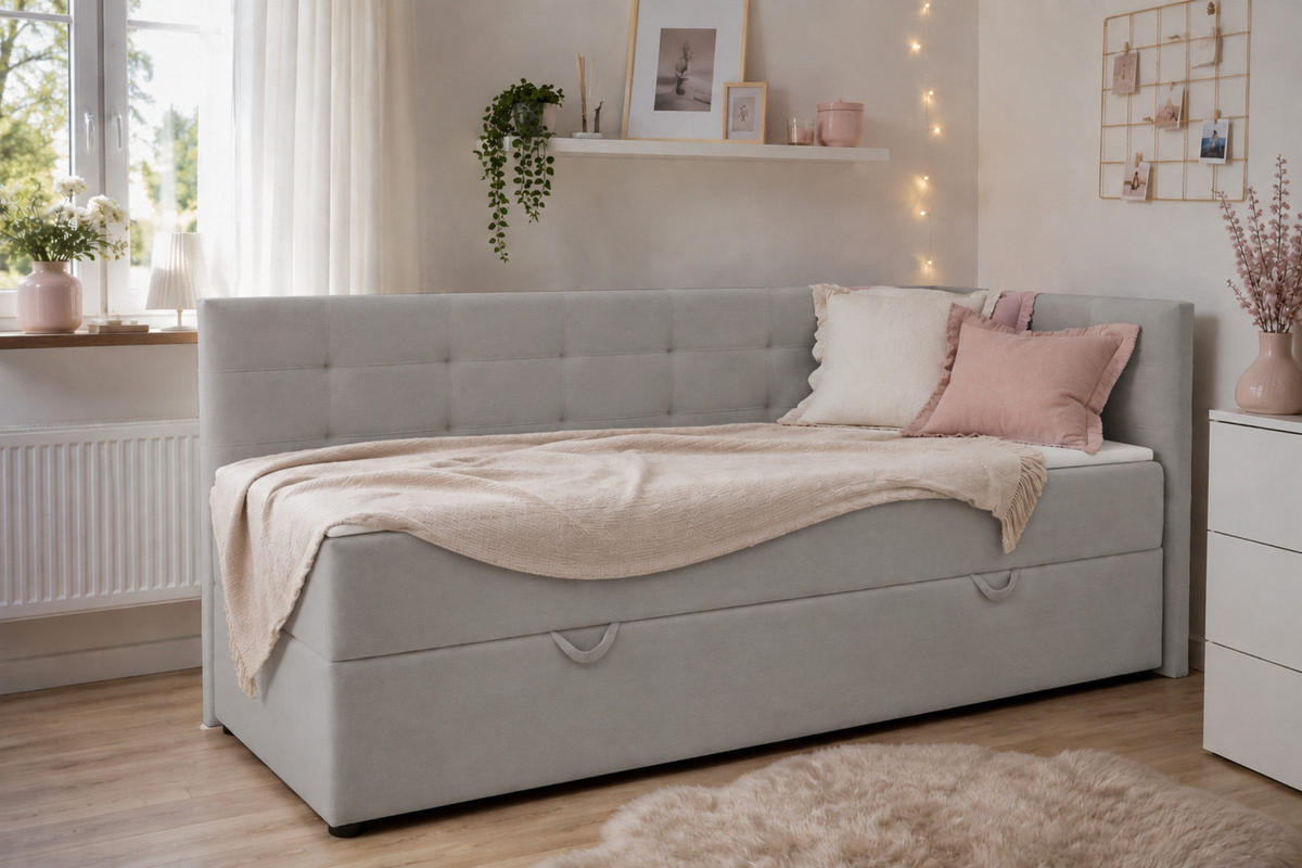 BOXBETT FAVIO 100/200 in Velours Hellgrau H3 - Schwarz, Holz/Holzwerkstoff (100/200cm) - Deine Möbel 24