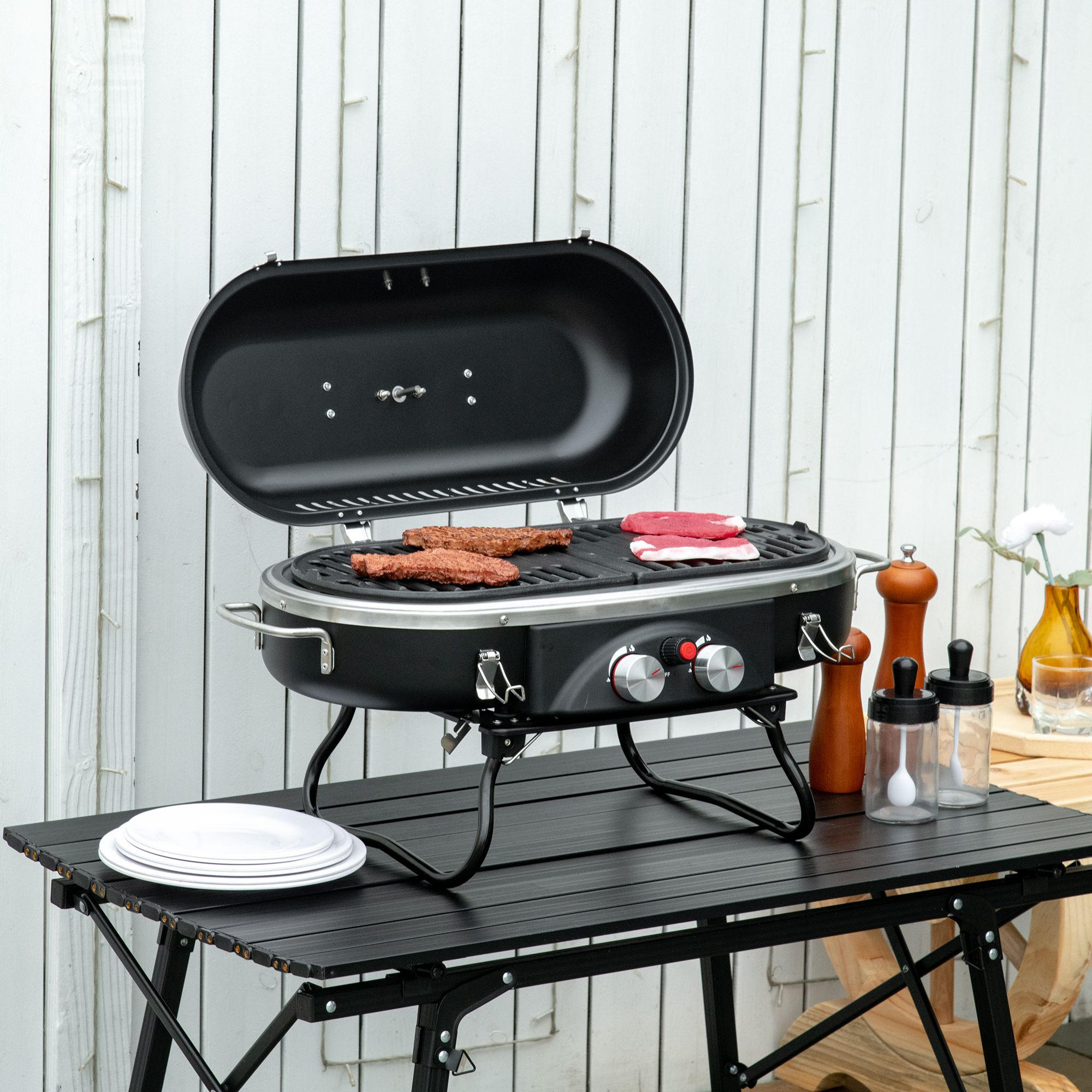 GASGRILL inkl 2 Edelstahl-Brenner - Schwarz, Metall (34.5/37/66cm) - Outsunny