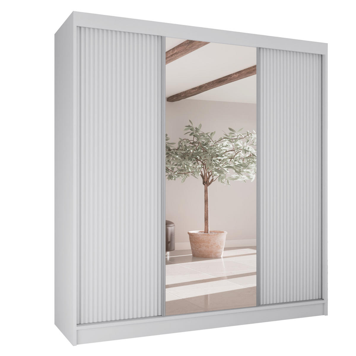 SCHWEBETÜRENSCHRANK Rafi mit Spiegel und mit geriffelten Fronten, 200 cm, Weiß - Weiß, Holzwerkstoff (200/215/61cm) - AN-Moebel 4u