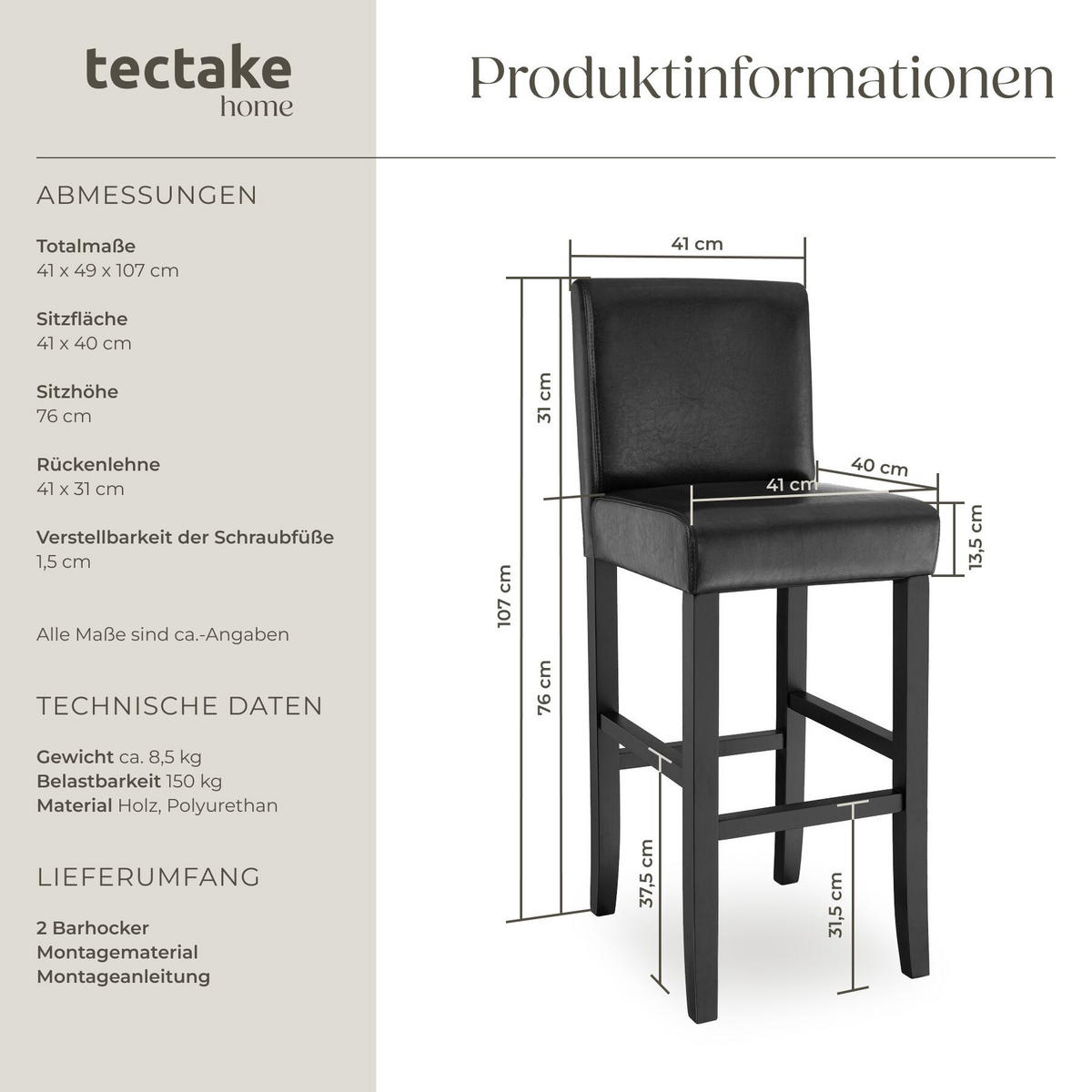 BARHOCKER 2er Set Kunstleder, Sitzhöhe 76 cm, antikbraun - Schwarz, Leder/Holz (40/107/41cm) - tectake