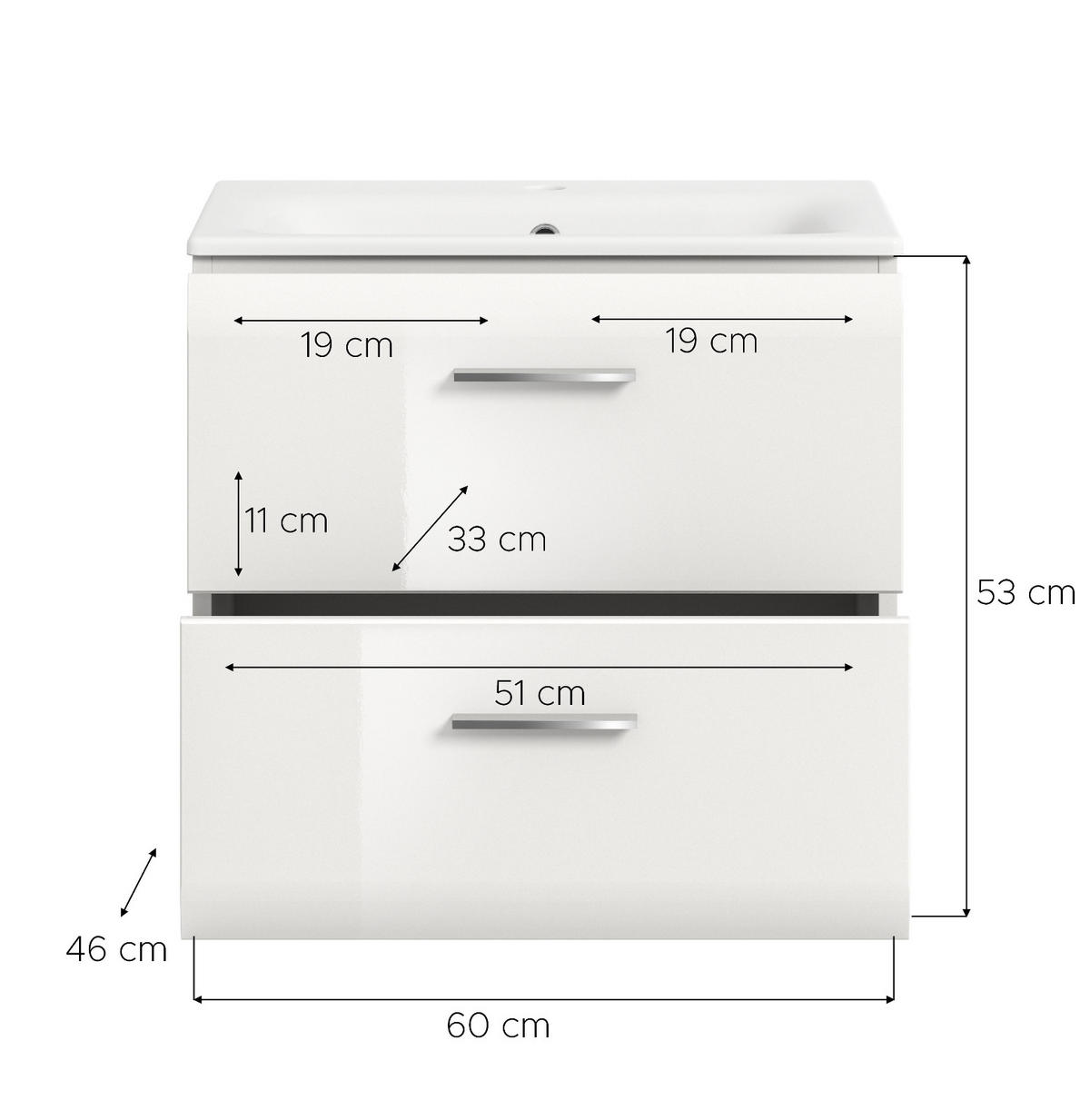 WASCHBECKENUNTERSCHRANK inklusive Waschbecken weiß Hochglanz, Waschtisch hängend - Weiß Hochglanz, Keramik/Holzwerkstoff (60/55/46cm) - Inn.Furn
