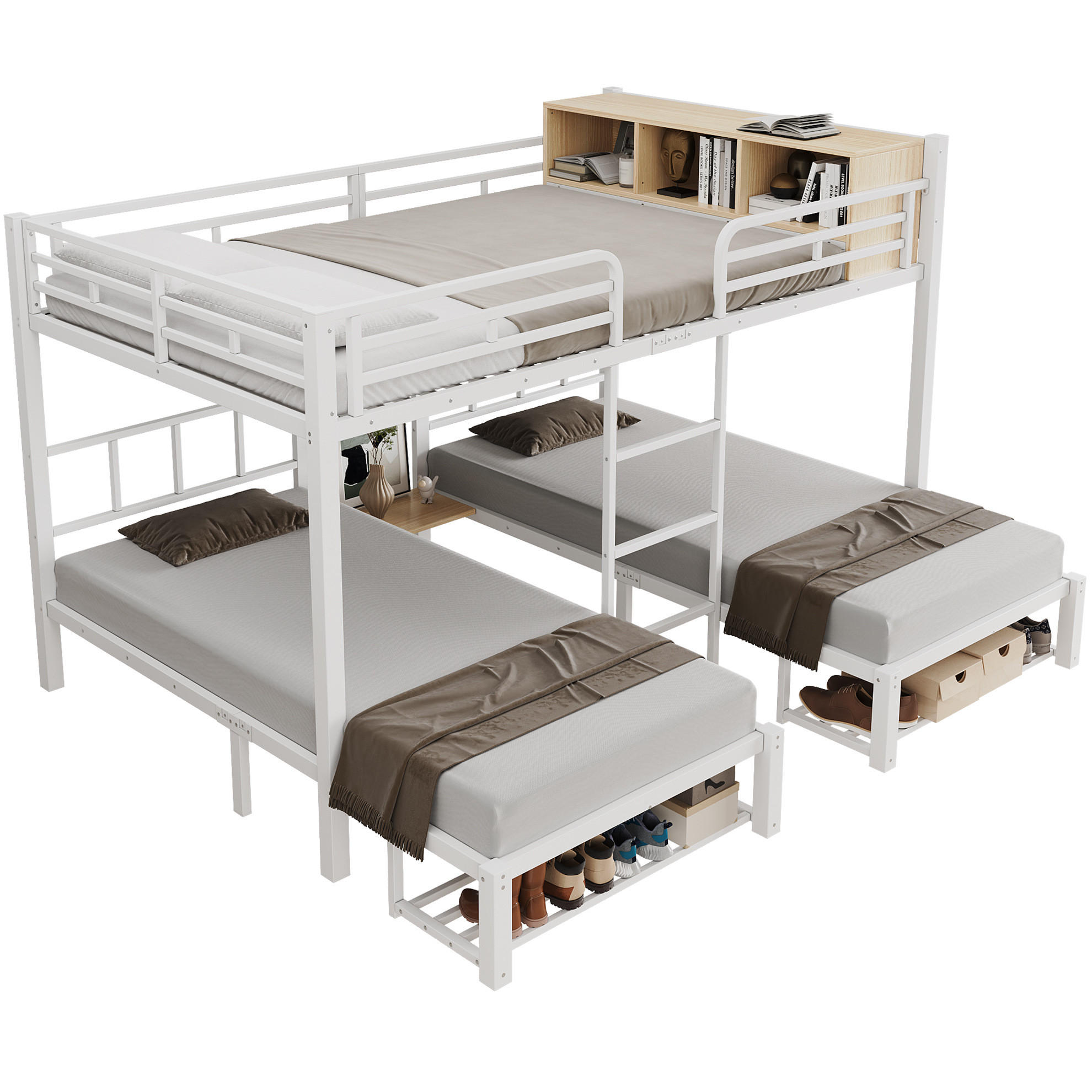 ETAGENBETT aus Metall und Holz 140x200/90x200 cm Weiß/Natur mit offenem Regal und Schuhablage - Weiß, Metall (140/200cm) - Modfu