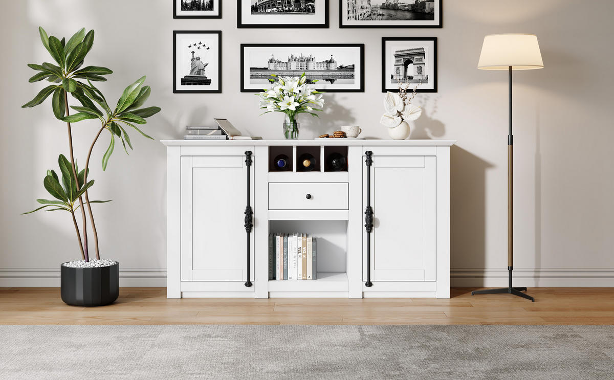 SIDEBOARD 130/35/70 cm, Weiß mit 2 Türen, 1 Schublade und 3 Weinfächern, Weiß - Weiß, Holzwerkstoff (130/70/35cm) - Redom