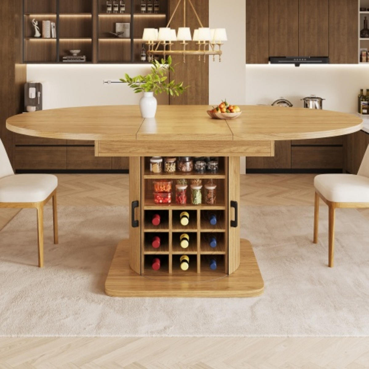 ESSTISCH Ausziehbarer 118-158×118×76 cm aus MDF und Metall mit integriertem Stauraum, naturfarben - Naturfarben, Holzwerkstoff (158/118/76cm) - Luhomfu