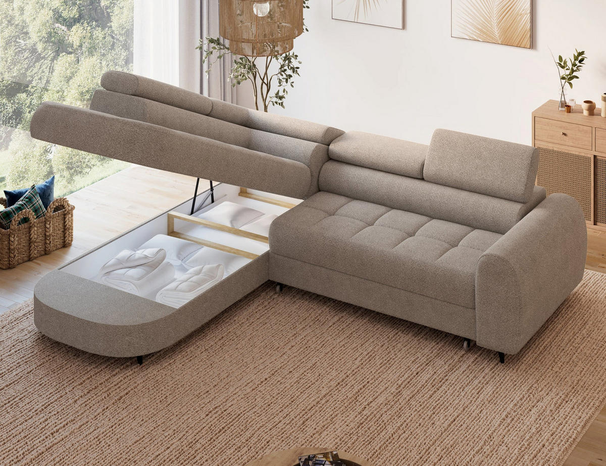 ECKSOFA Vesteria mit Schlaffunktion und Bettkasten – Modernes Design, verstellbare Kopfstützen und hoher Sitzkomfort - Beige, Kunststoff (279/72cm) - Wohnideebilder