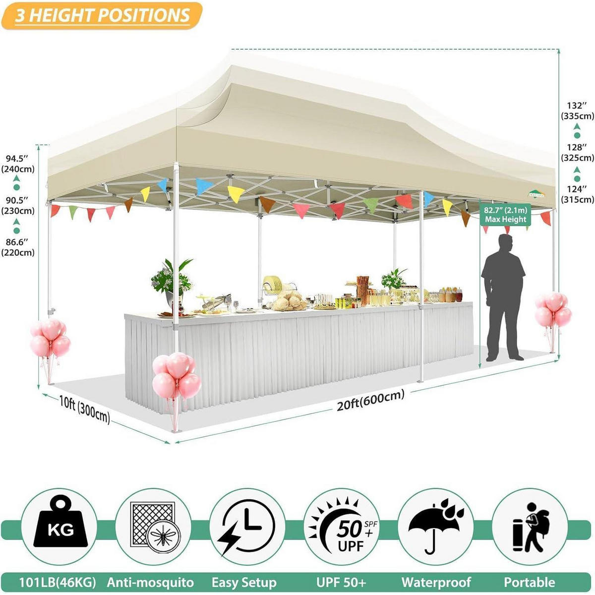 FALTPAVILLON 3x6m Wasserdicht mit Mesh-Seitenwänden Khaki - Olivgrün, Textil (300/335/600cm)