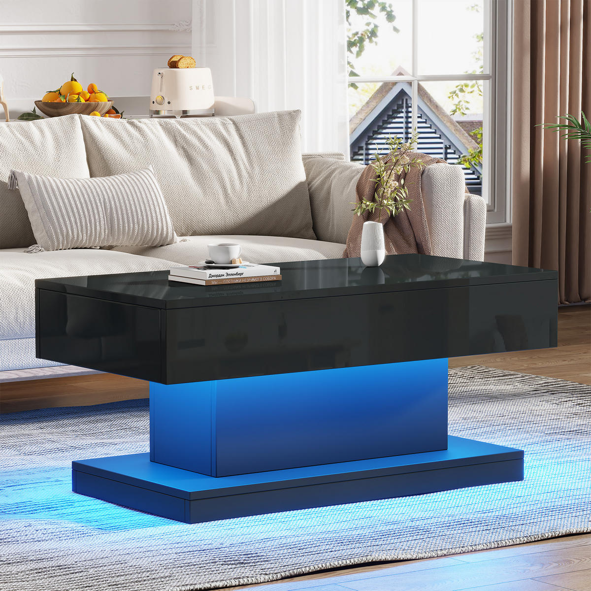COUCHTISCH in Schwarz Kaffeetisch mit 2 Schubladen und LED-Lichtleiste für Wohnzimmer, B100/T50/H45cm - Schwarz, Holzwerkstoff (50/100/45cm) - STILVORA