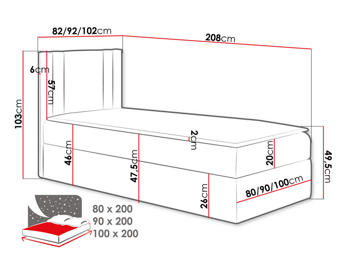 BOXBETT Carmen Mini, Seite zum Öffnen des Bettkastens: Rechts - H3 - Creme, Holz (100/200cm) - MIRJAN24