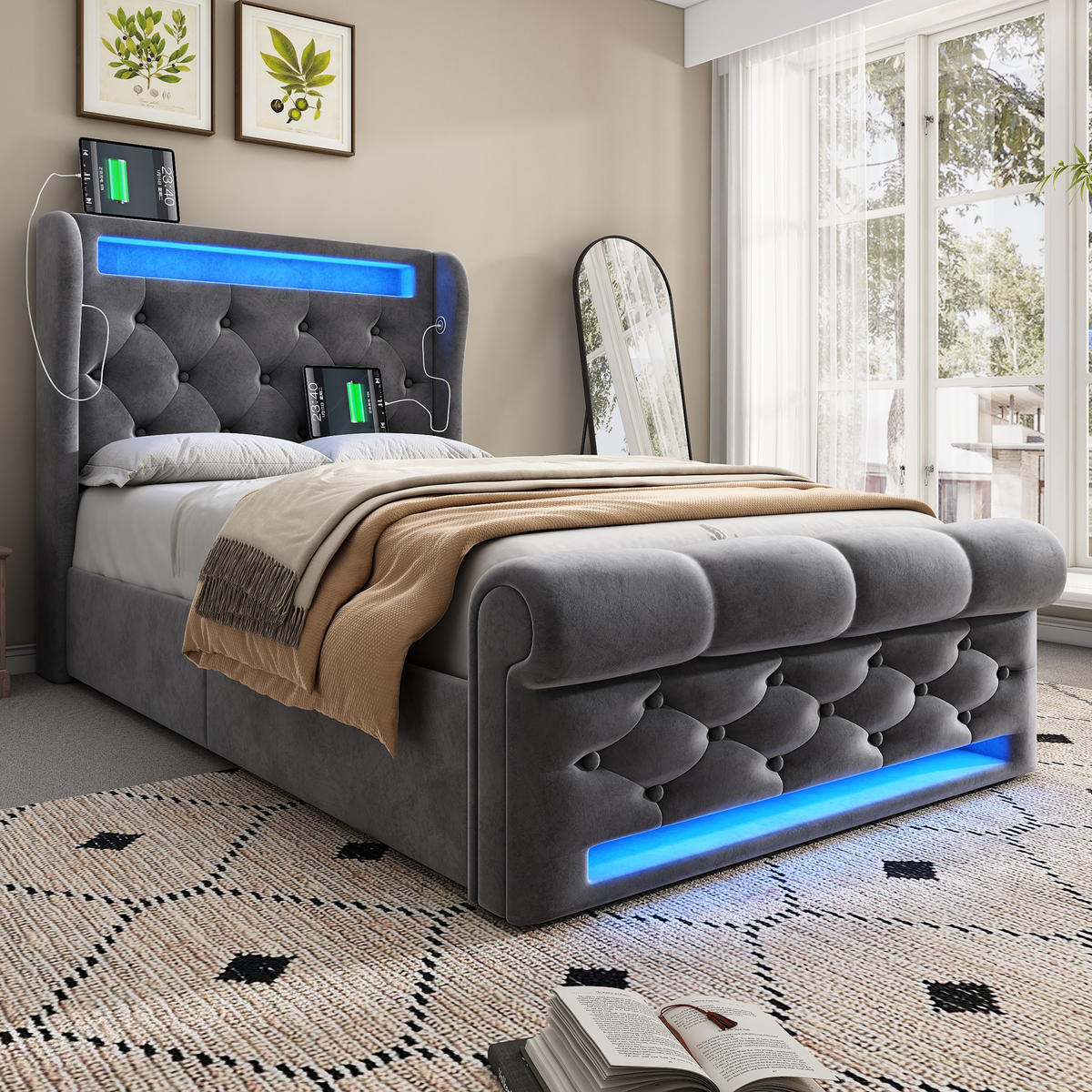 POLSTERBETT 90x200cm Einzelbett LED USB-C & Hydraulik Stauraum Grau Samt - Grau, Holz (90/200cm) - FLIEKS