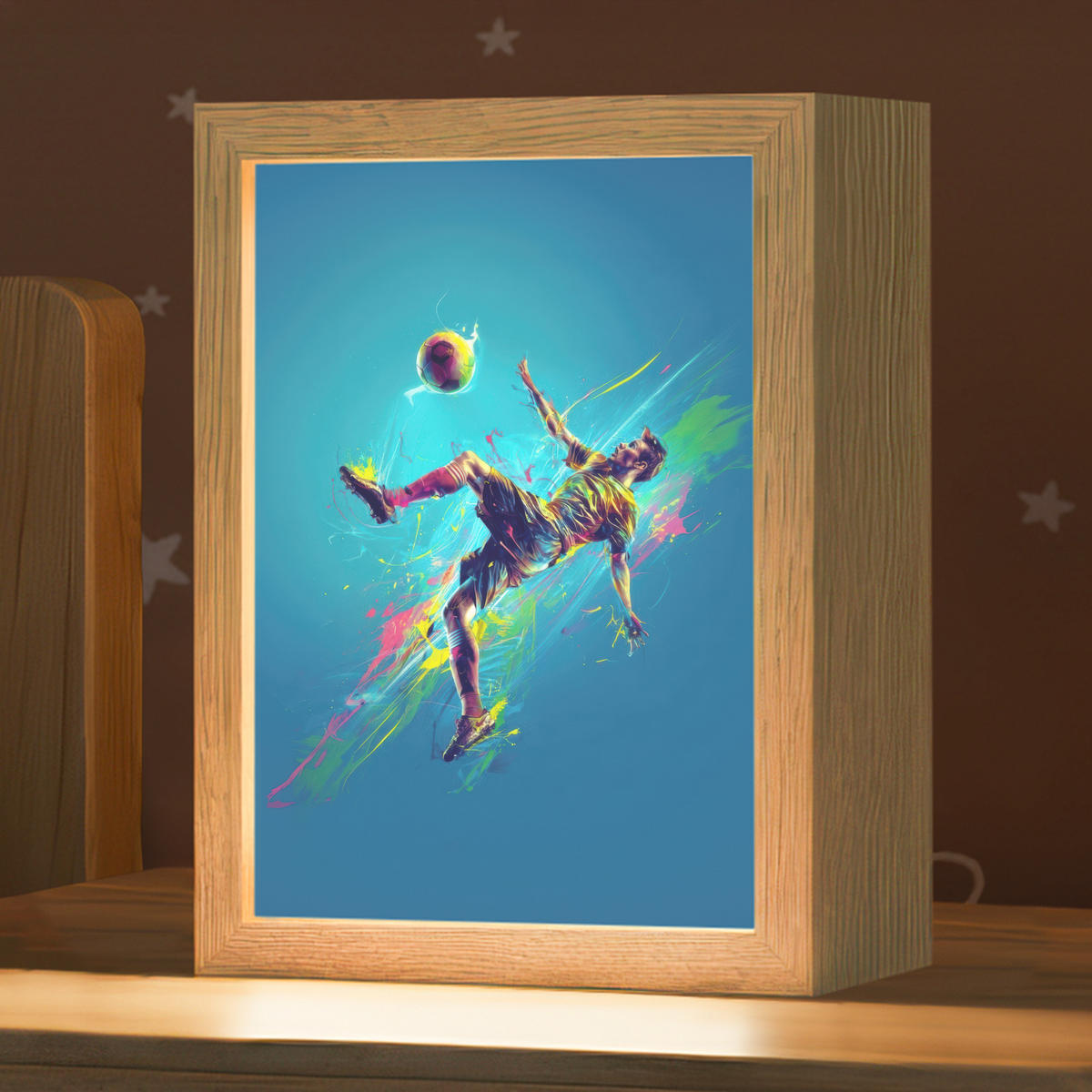 NACHTTISCHLAMPE Fußballer - Farbspritzer - Farbenfroh - Ball 15x20 cm - Blau, Holzwerkstoff (8/15/20cm)
