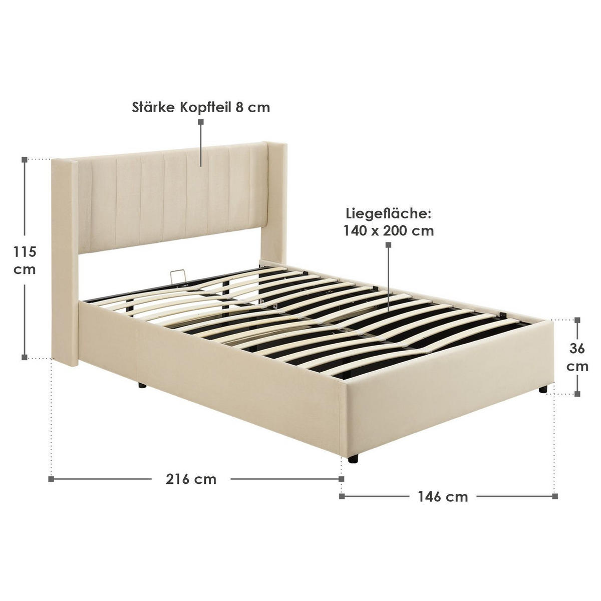POLSTERBETT Savona beige 140 x 200 cm - Beige, Holzwerkstoff (140/200cm) - Juskys