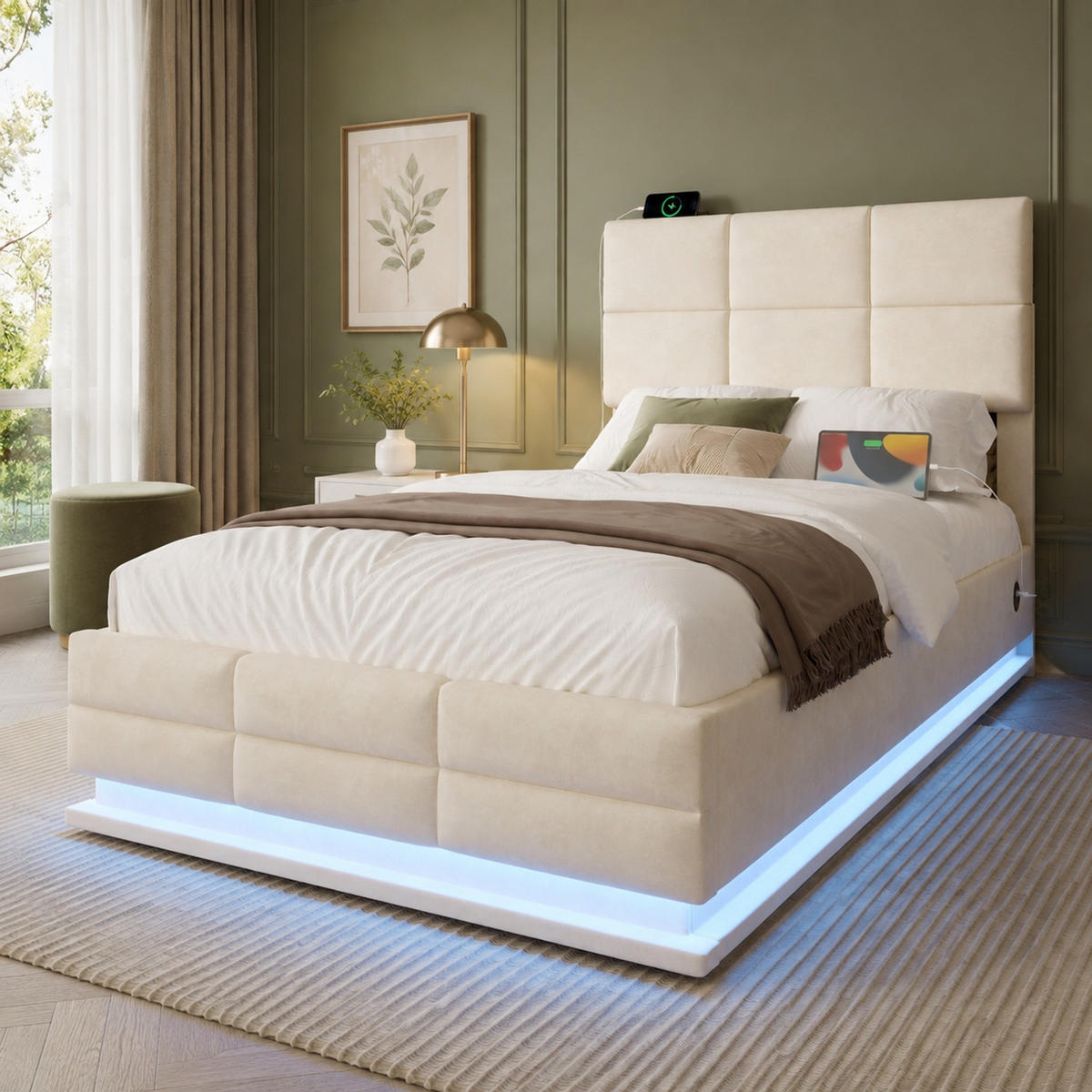 POLSTERBETT 90/200 mit Bettkasten, LED, USB, Type-C und höhenverstellbarem Kopfteil in Beige - Beige, Holzwerkstoff/Textil (90/200cm) - EVRYAE