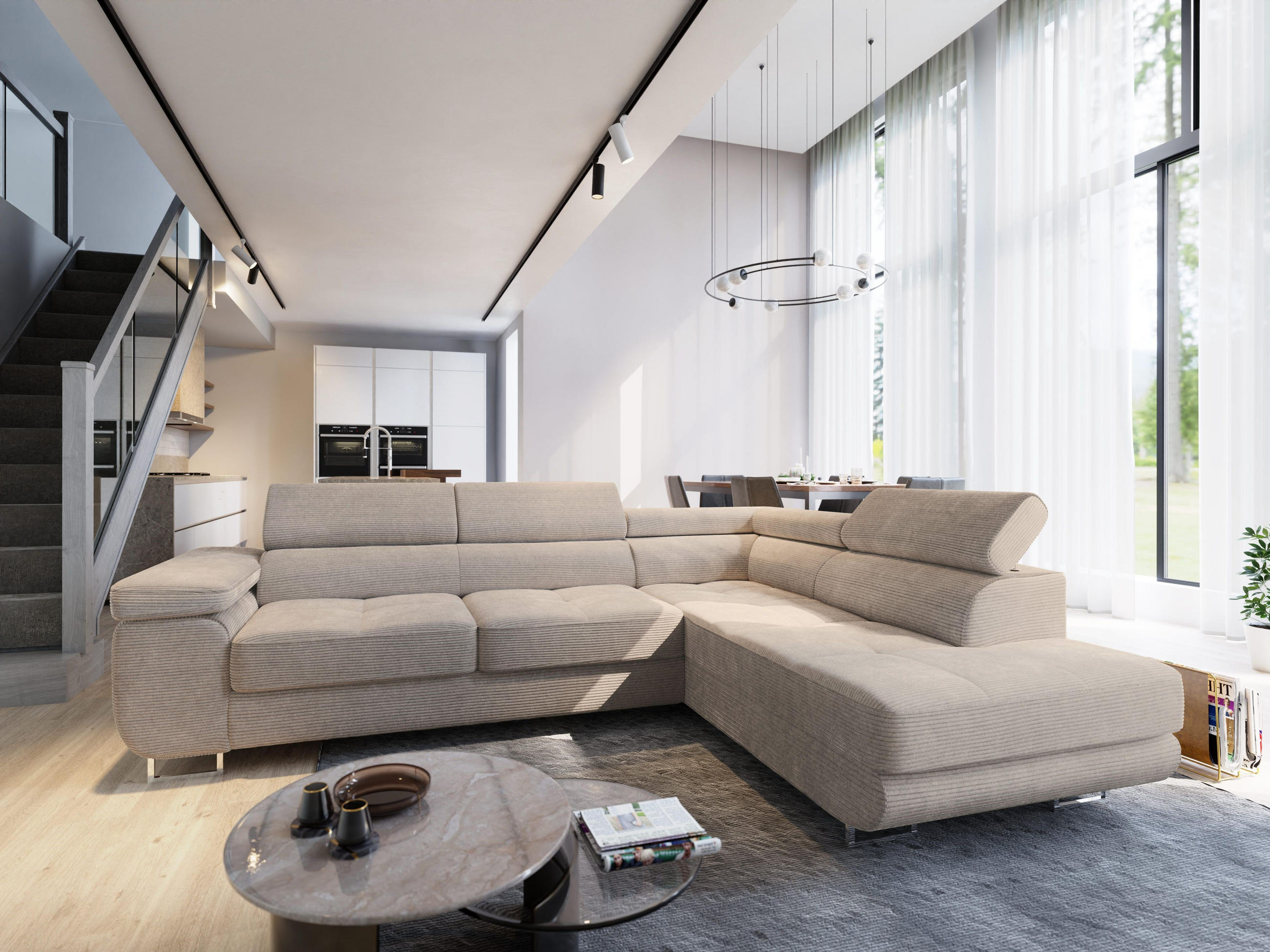 ECKSOFA APIRO R-S Beige Kordstoff mit Schlaffunktion - Beige, Holz (276/202cm) - MASSENO