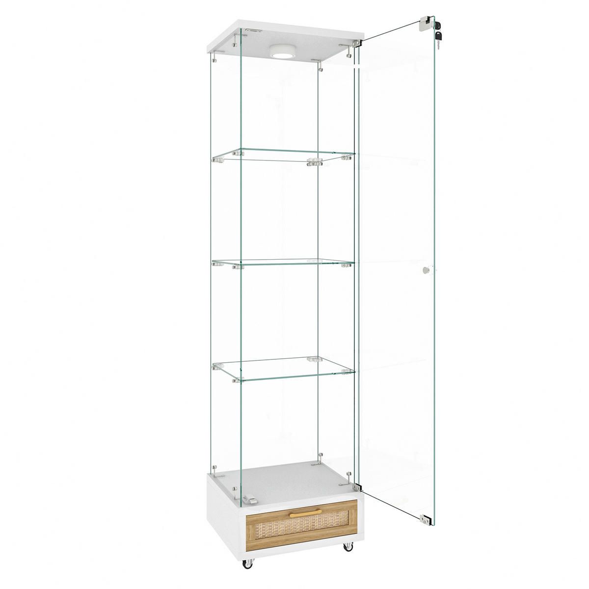VITRINE 36,5/42,5/167 cm weiß aus MDF und Glas mit LED, Rollen und Schubladen - Weiß, Holzwerkstoff (42.5/167/36.5cm) - OKWISH
