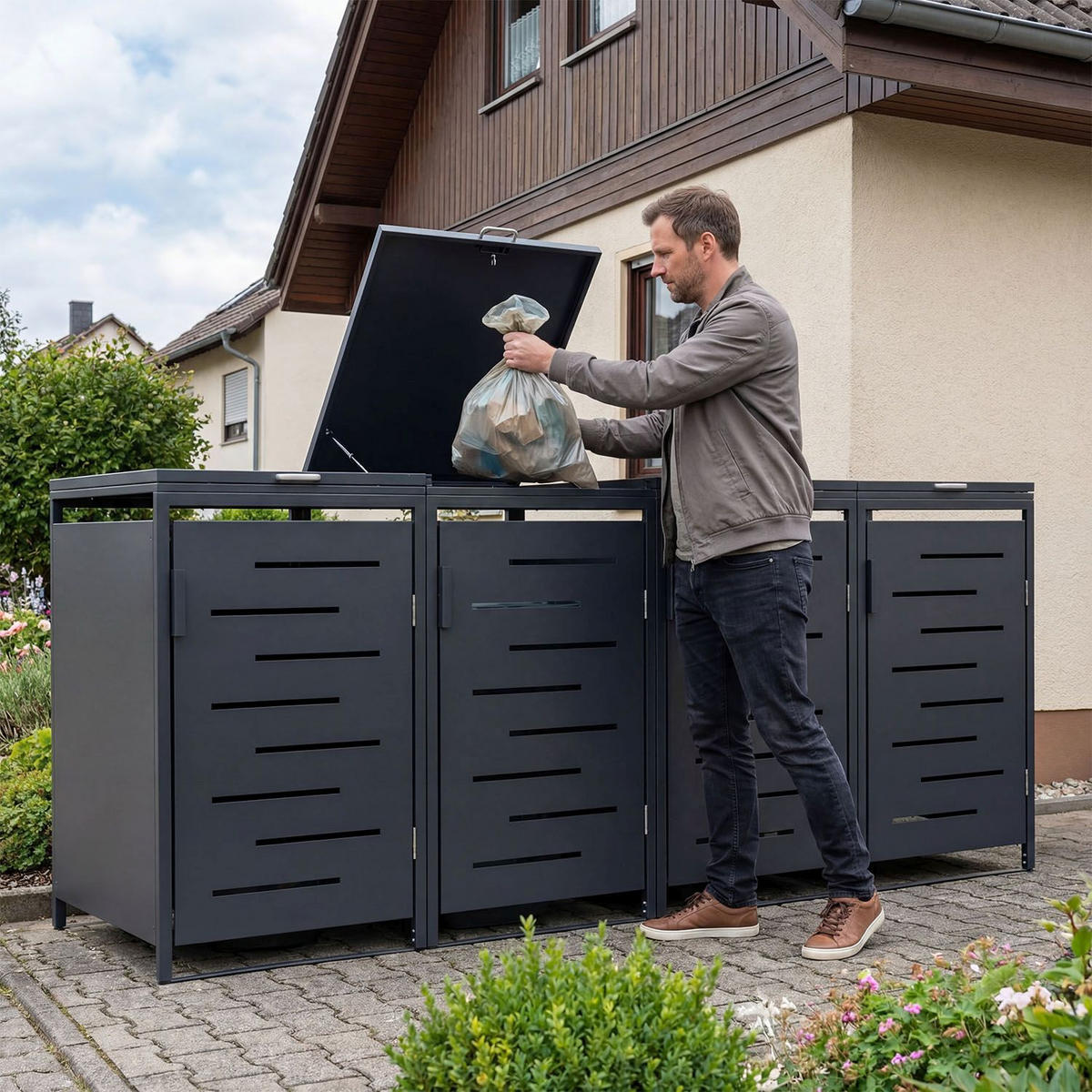 MÜLLTONNENBOX Arel 4er-Set - Anthrazit, Metall (272/120/80cm) - Juskys