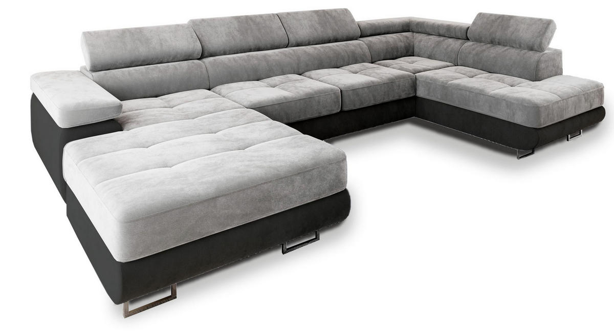 WOHNLANDSCHAFT CASONE R-S Hellgrau Velours-Stoff mit Schlaffunktion - Hellgrau, Holz (345/90/202cm) - MASSENO