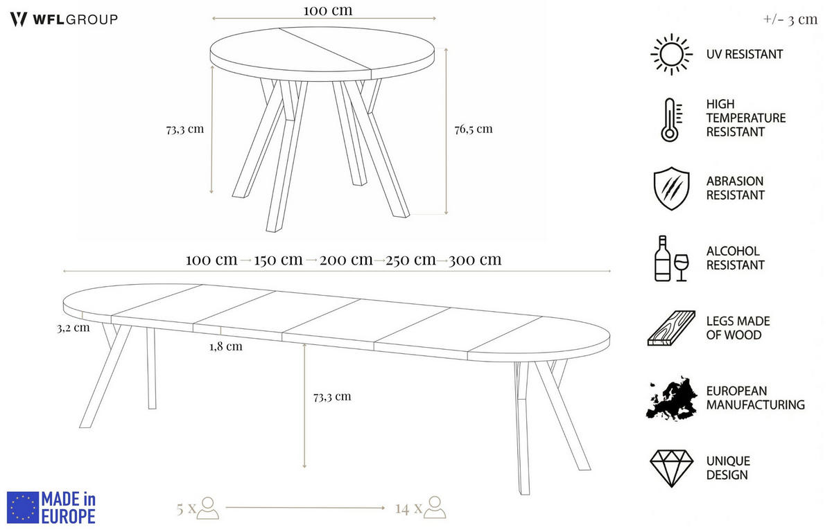 ESSTISCH Vero Weiß rund ausziehbar verlängerbar, Kaschmir 100-300/100/77 cm - Kaschmir/Weiß, Holz/Holzwerkstoff (100/100/77cm) - WFL GROUP