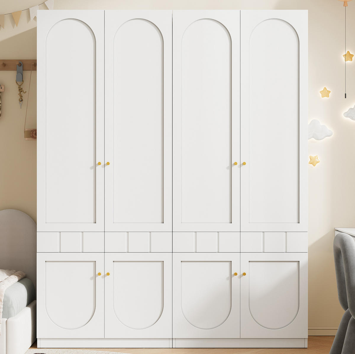 KLEIDERSCHRANK-SET aus MDF 160x50x200 cm Weiß mit Doppeltüren, Schubladen und Kleiderstange - Weiß, Holzwerkstoff (160/200/50cm) - Modfu