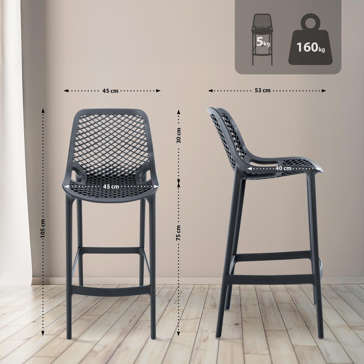 OUTDOOR Barhocker Air 105x45x53 cm dunkelgrau - Dunkelgrau, Kunststoff (45/105/53cm) - furnicato
