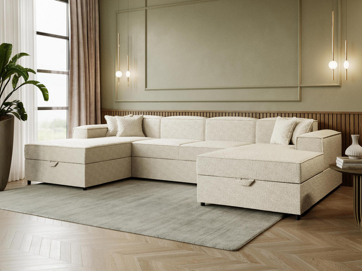 WOHNLANDSCHAFT Santos U Boucle - Schwarz/Naturfarben, Holzwerkstoff/Kunststoff (320/79/166cm) - MIRJAN24