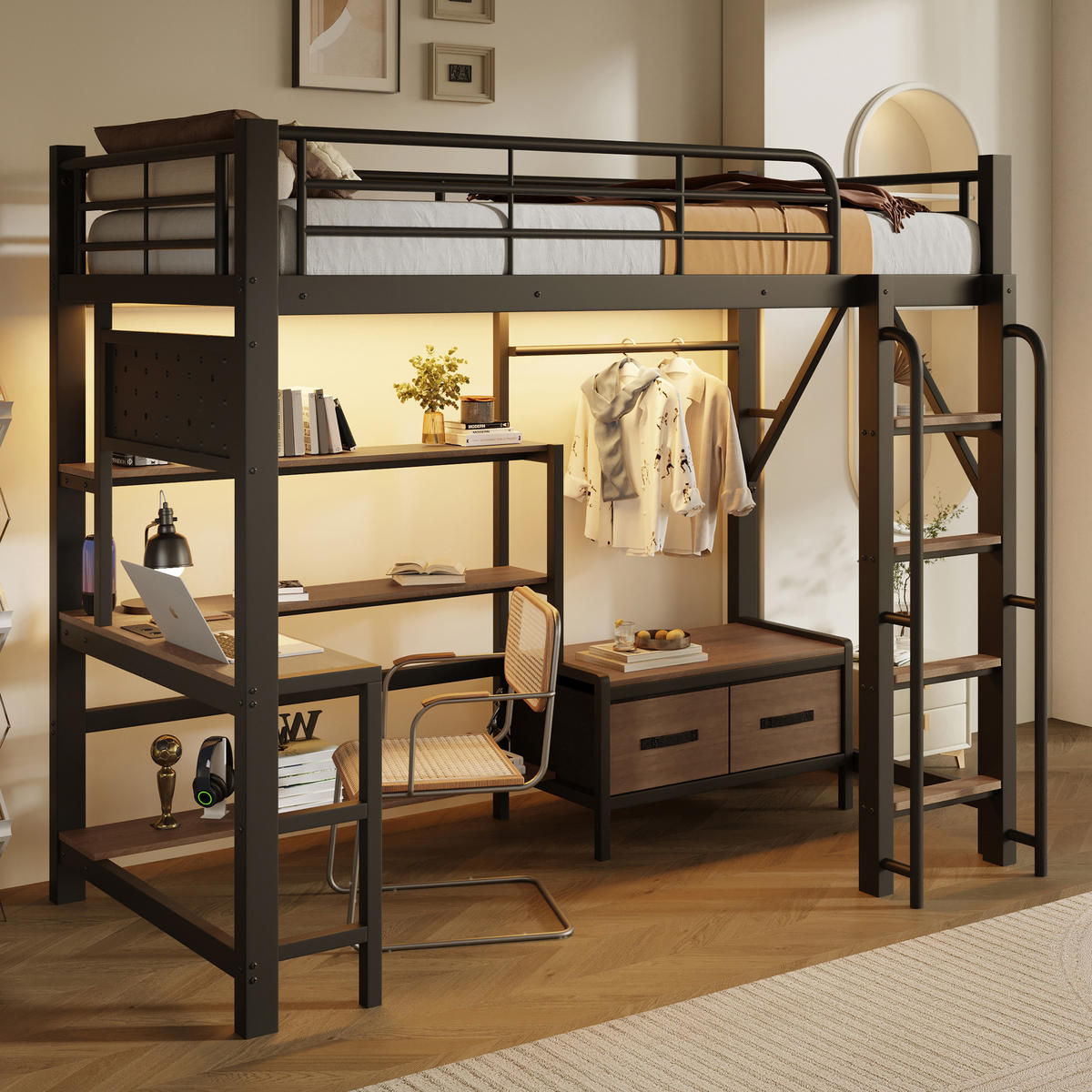 HOCHBETT 90/200 cm mit Eisenrahmen Schwarz, Schreibtisch, Lochwand und LED-Licht - Schwarz, Metall