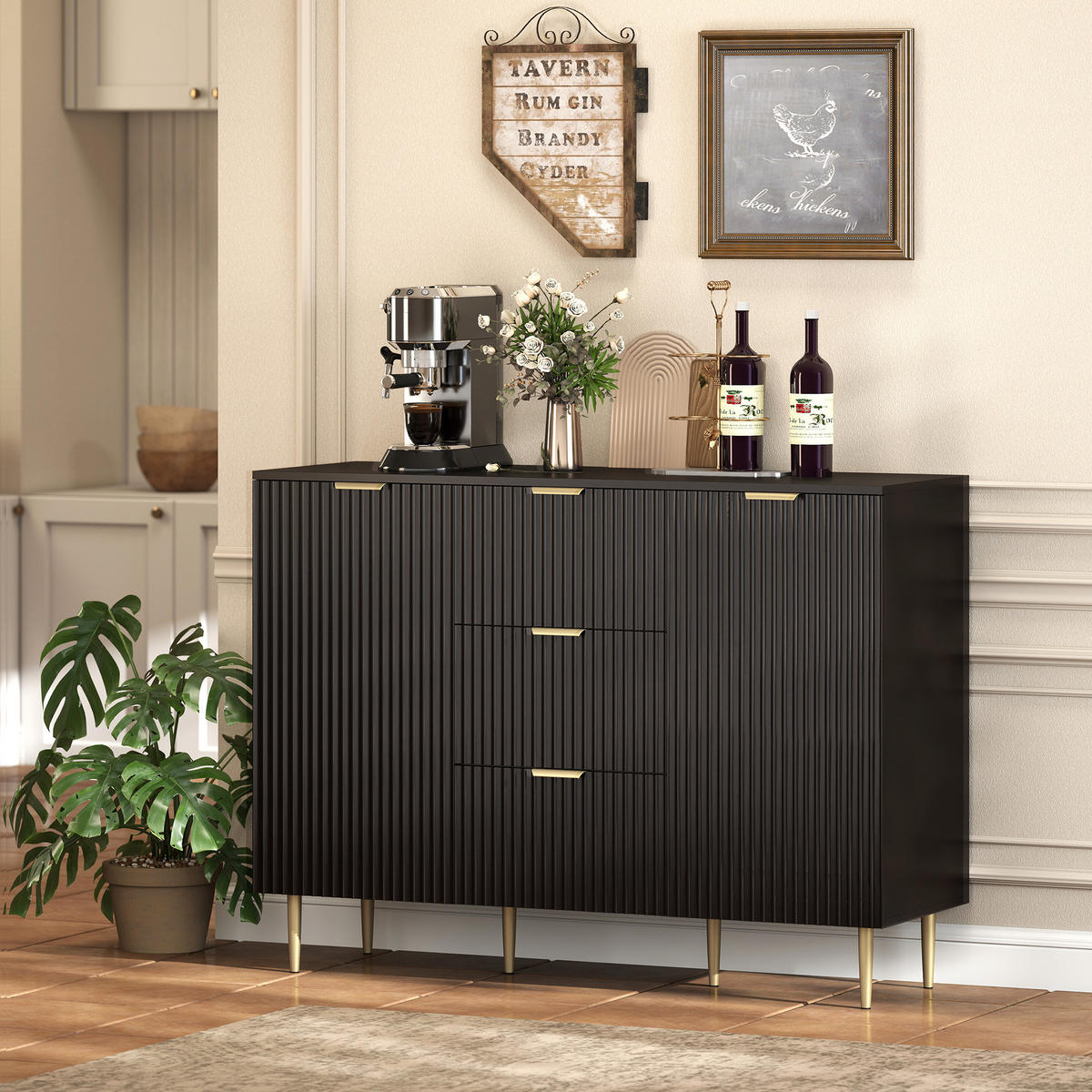 SIDEBOARD DE-11216 3 Schubladen Schwarz - Schwarz, Holzwerkstoff (120/89.5/40cm) - ComfortXL