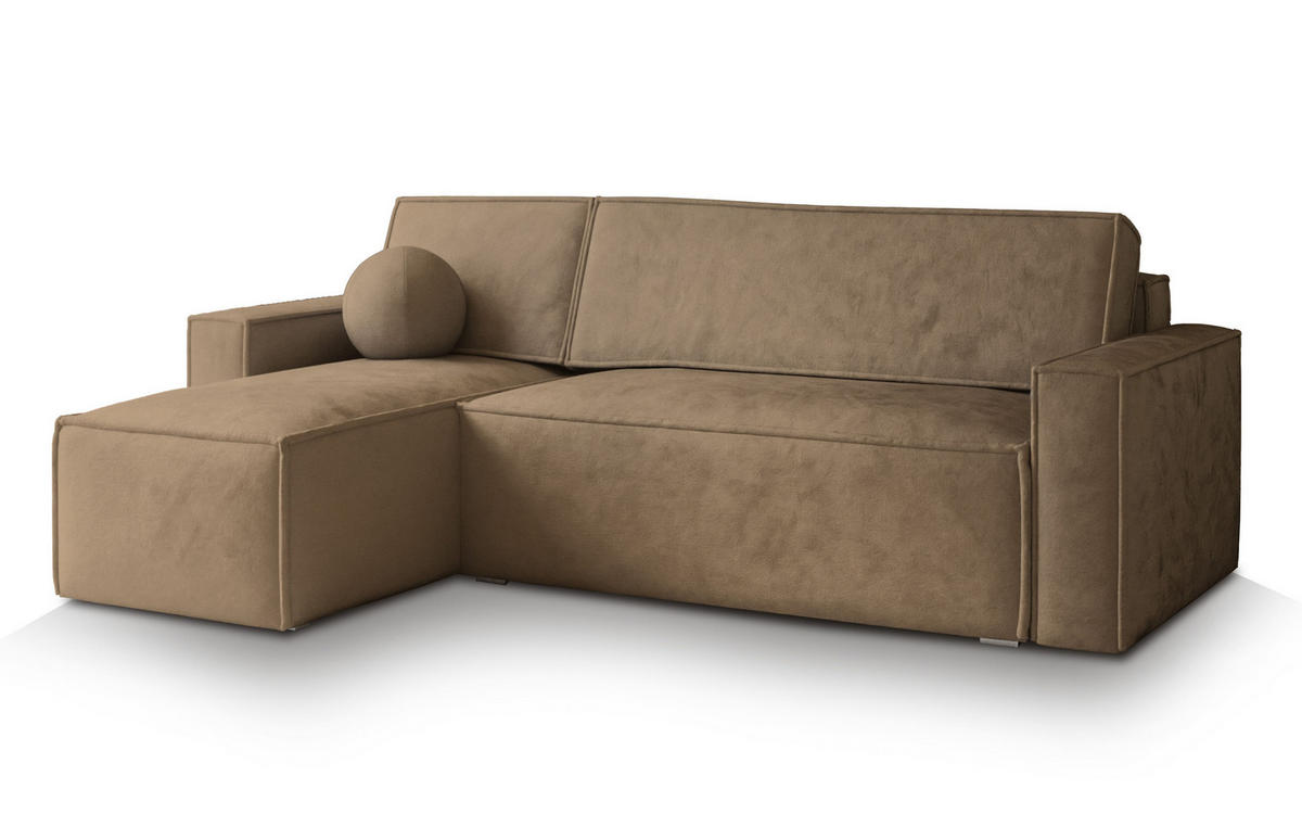 ECKSOFA RAVELO M Beige Velours-Stoff mit Schlaffunktion - Beige, Holz (240/140cm) - MASSENO