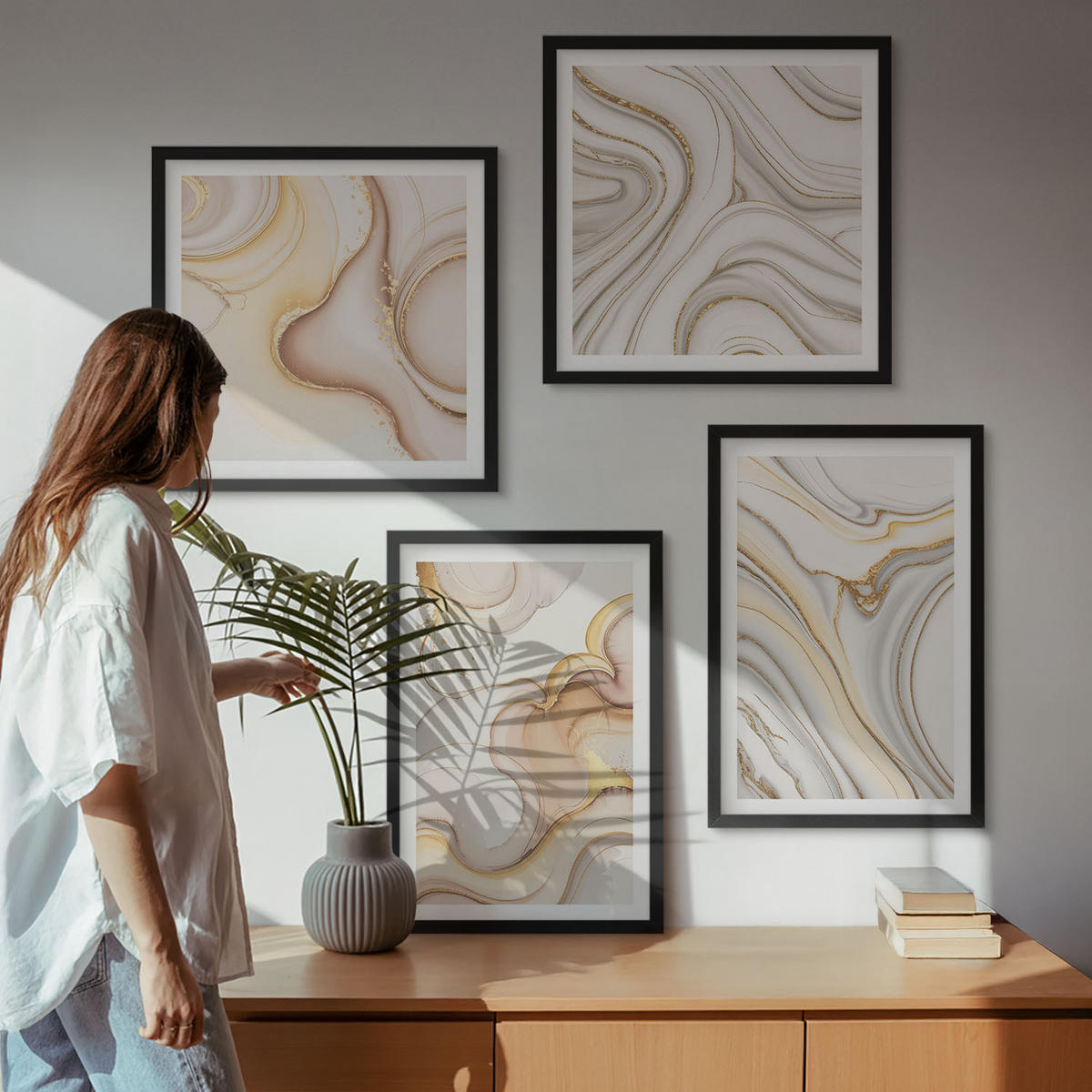 BILDER SET 4er Set - 50x50 cm & 40x60 cm Schwarzer Rahmen - Lineare abstrakte Motive - Schwarz, Kunststoff (50/50cm) - TULUP