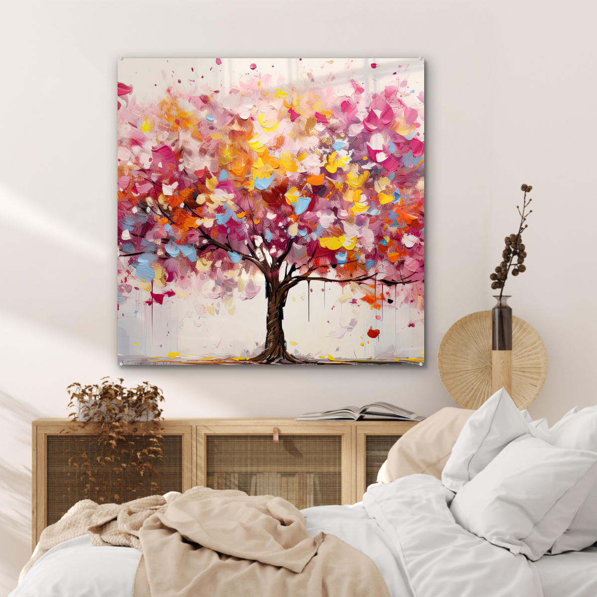 ACRYLGLASBILD Aquarell - Baum - Kunst - Abstrakt 90x90 cm - Multicolor, Glas (90/90cm) - MuchoWow