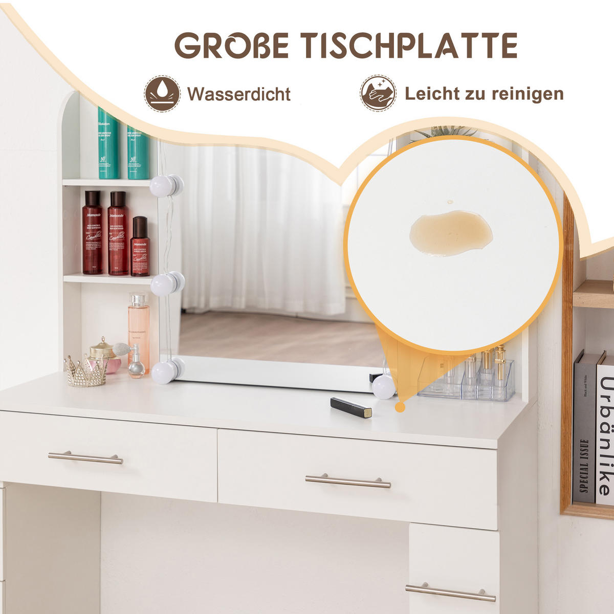 SCHMINKTISCH 40,5/100/136 cm Weiß 10 LEDs mit Spiegel Stauraum aus MDF - Weiß, Holzwerkstoff (40.5/136/100cm) - OKWISH