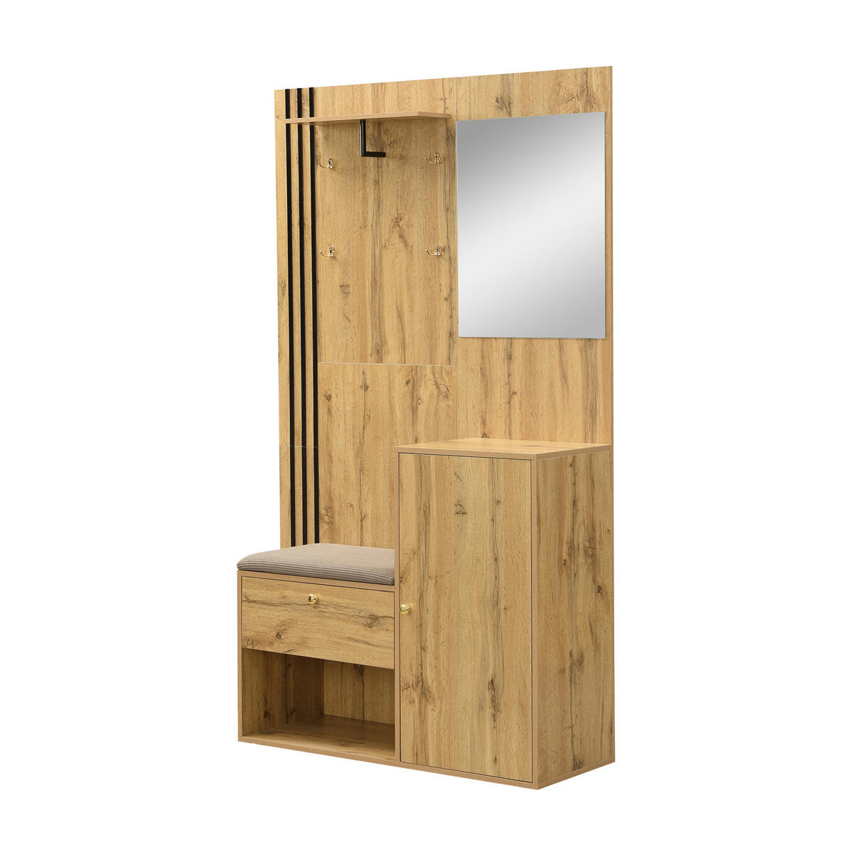 FLURGARDEROBE 115/37/185 cm aus MDF mit Spiegel und gepolsterter Sitzfläche Naturfarben mit Schwarz - Naturfarben, Holzwerkstoff (37/185/115cm) - Modenvie