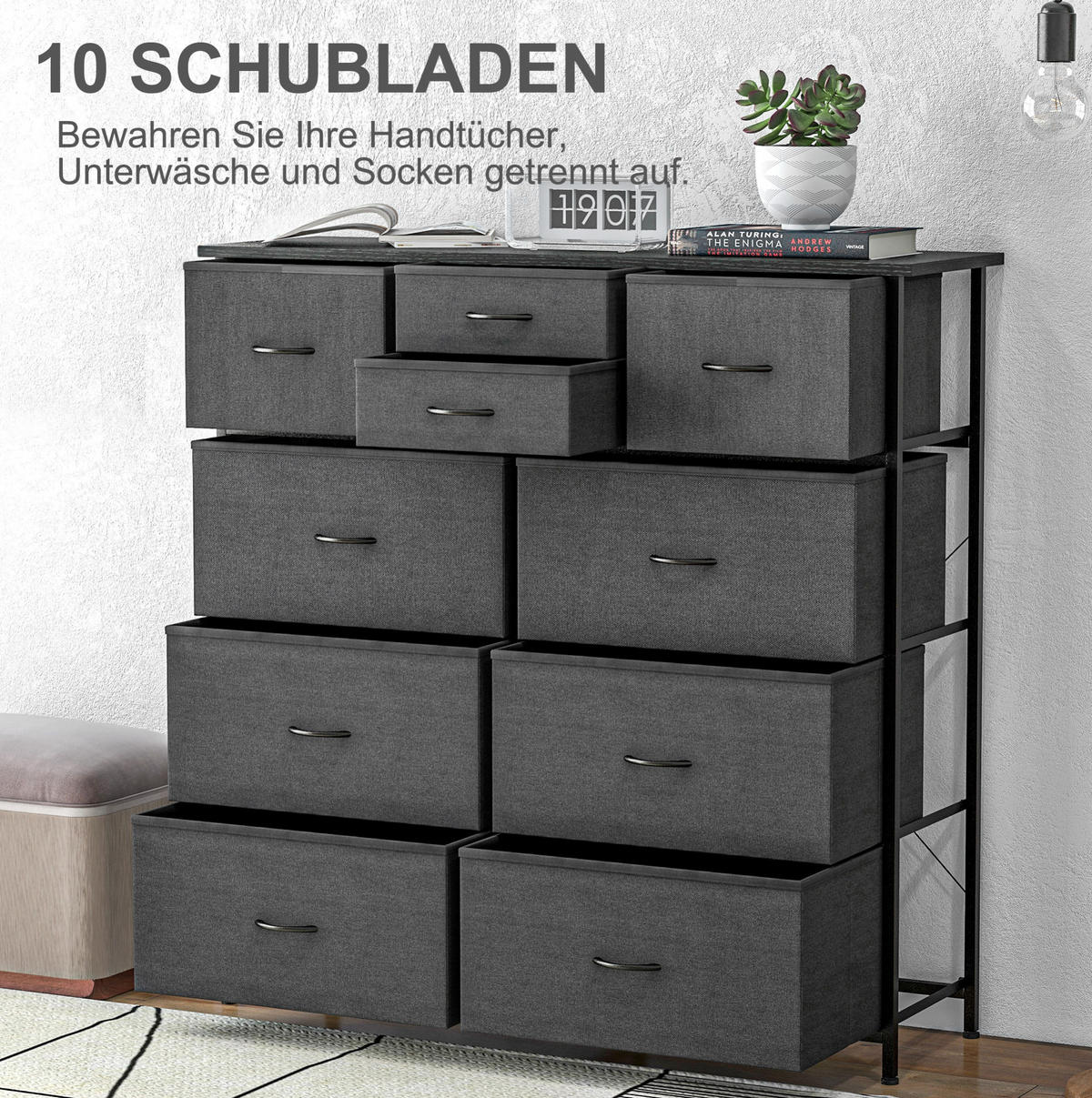 KOMMODE 100/30/100 cm aus Stahl mit 10 Stoffschubladen Schwarz - Schwarz, Metall (100/100/30cm) - Modenvie