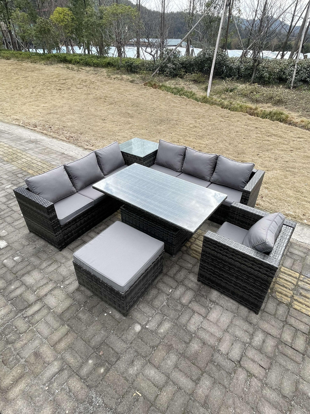 LOUNGESOFA Polyrattan 8-Sitzer - Dunkelgrau/Grau, Glas/Kunststoff - Fimous