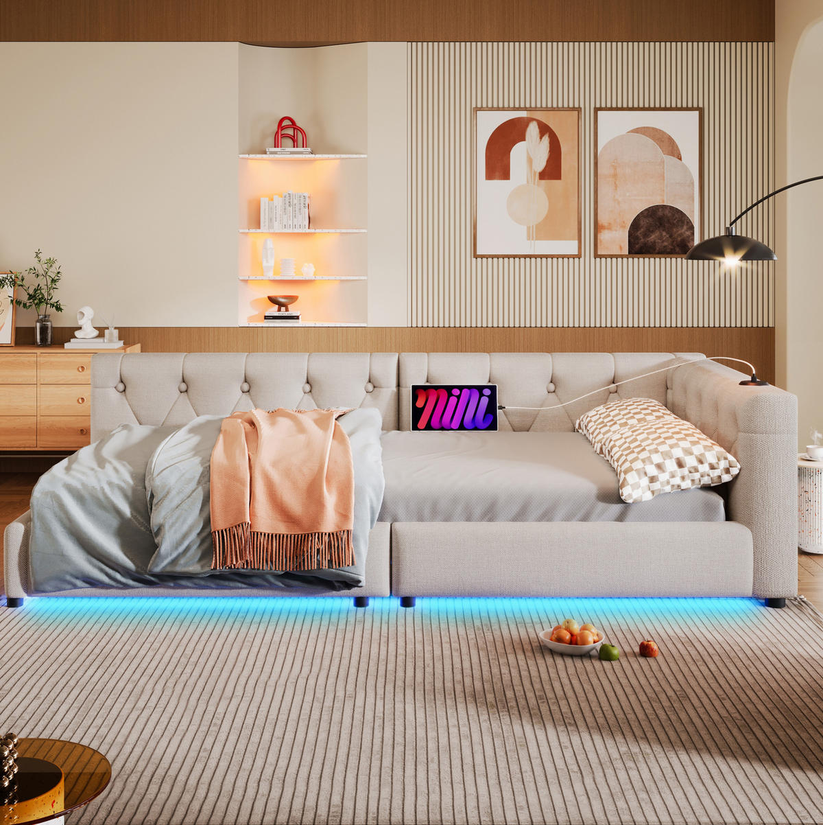 POLSTERBETT mit LED-Beleuchtung 90/200 cm in Beige mit USB und gepolstertem Kopfteil - Beige, Textil (90/200cm) - BEAOK